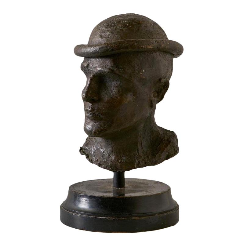 Midcentury Bronze Bust of Male on Wooden Base, Signed by Artist and Stamped