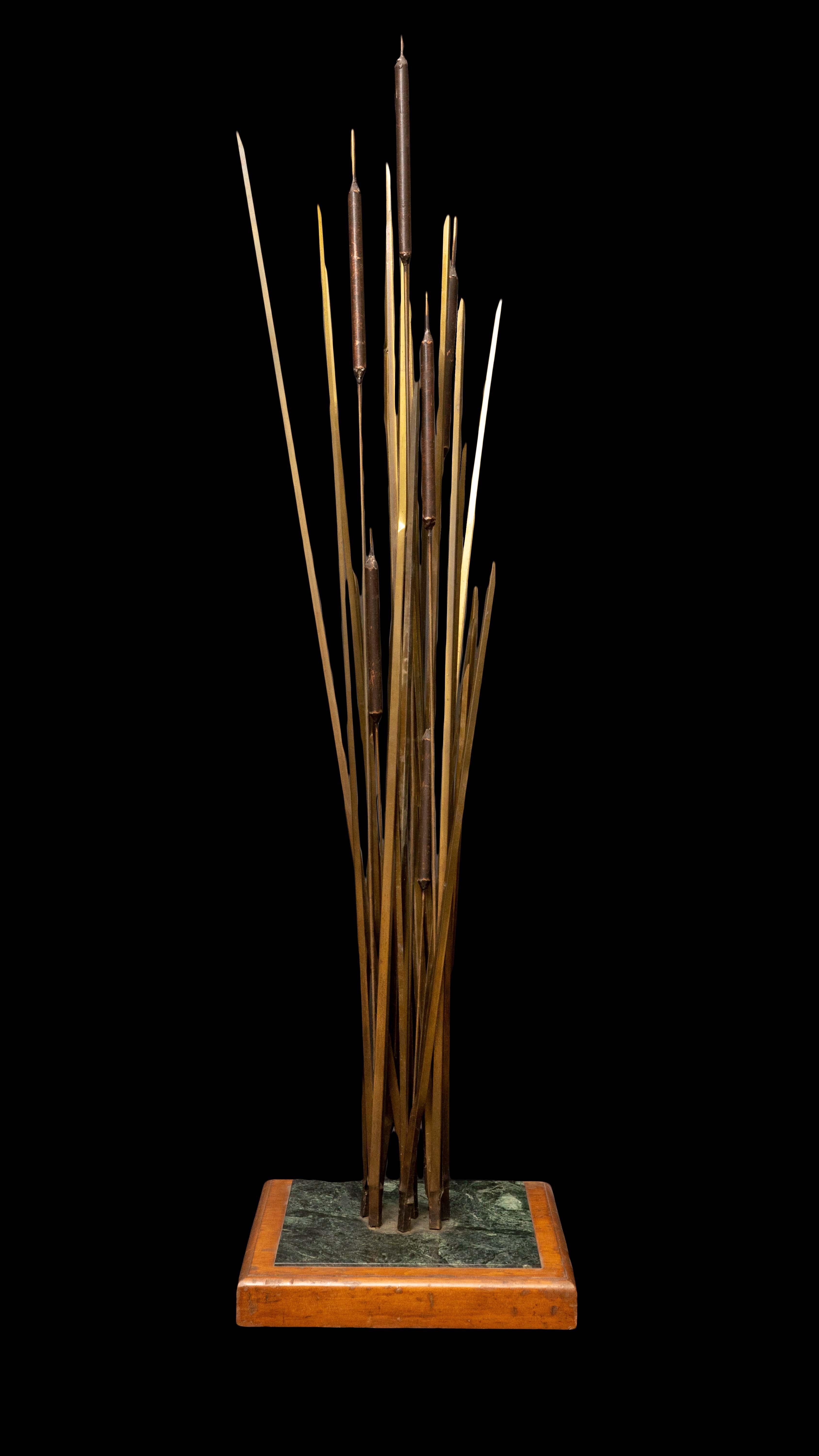 Mid-century bronze Cattail sculpture mounted on a marble/wood base

Measures: 15
