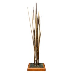 Mid-Century Bronze Cattail Sculpture Mounted on a Marble/Wood Base