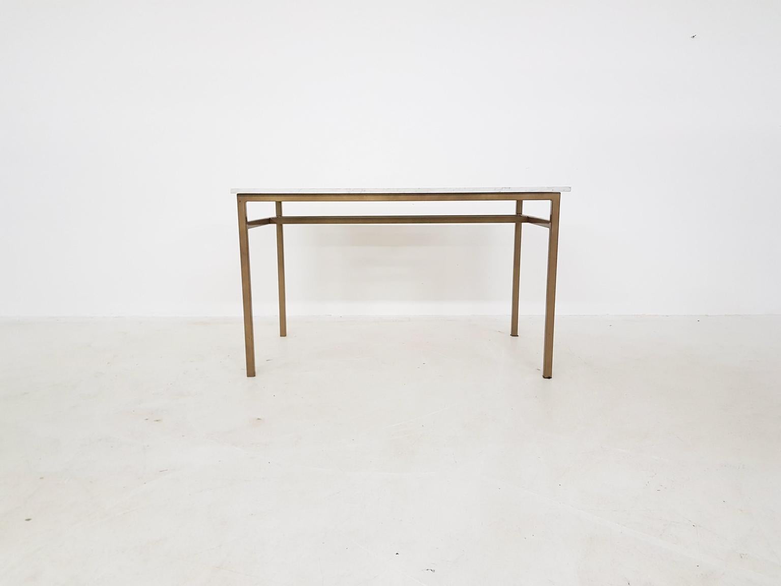 Heavy marble side table or desk. Made in the midcentury and probably from France or Italy.

The back has an extra metal bar, so it is best used as a desk or side table. 

The metal frame of the table is newly powder coated in bronze and in good