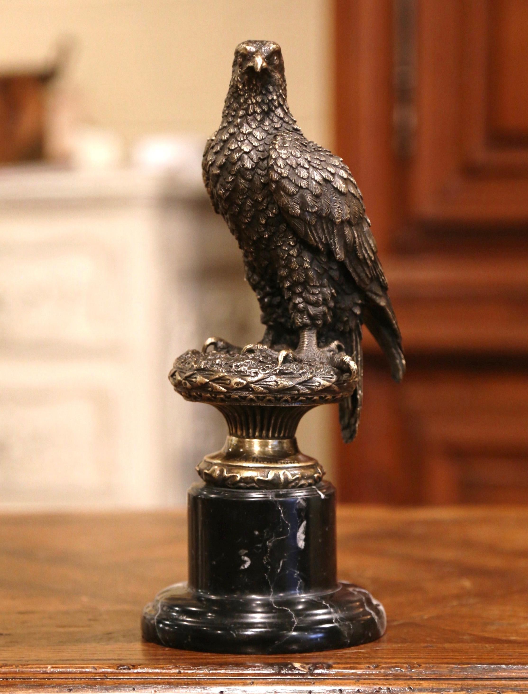 French Midcentury Bronze Eagle Sculpture on Marble Base Signed Archibald Thorburn