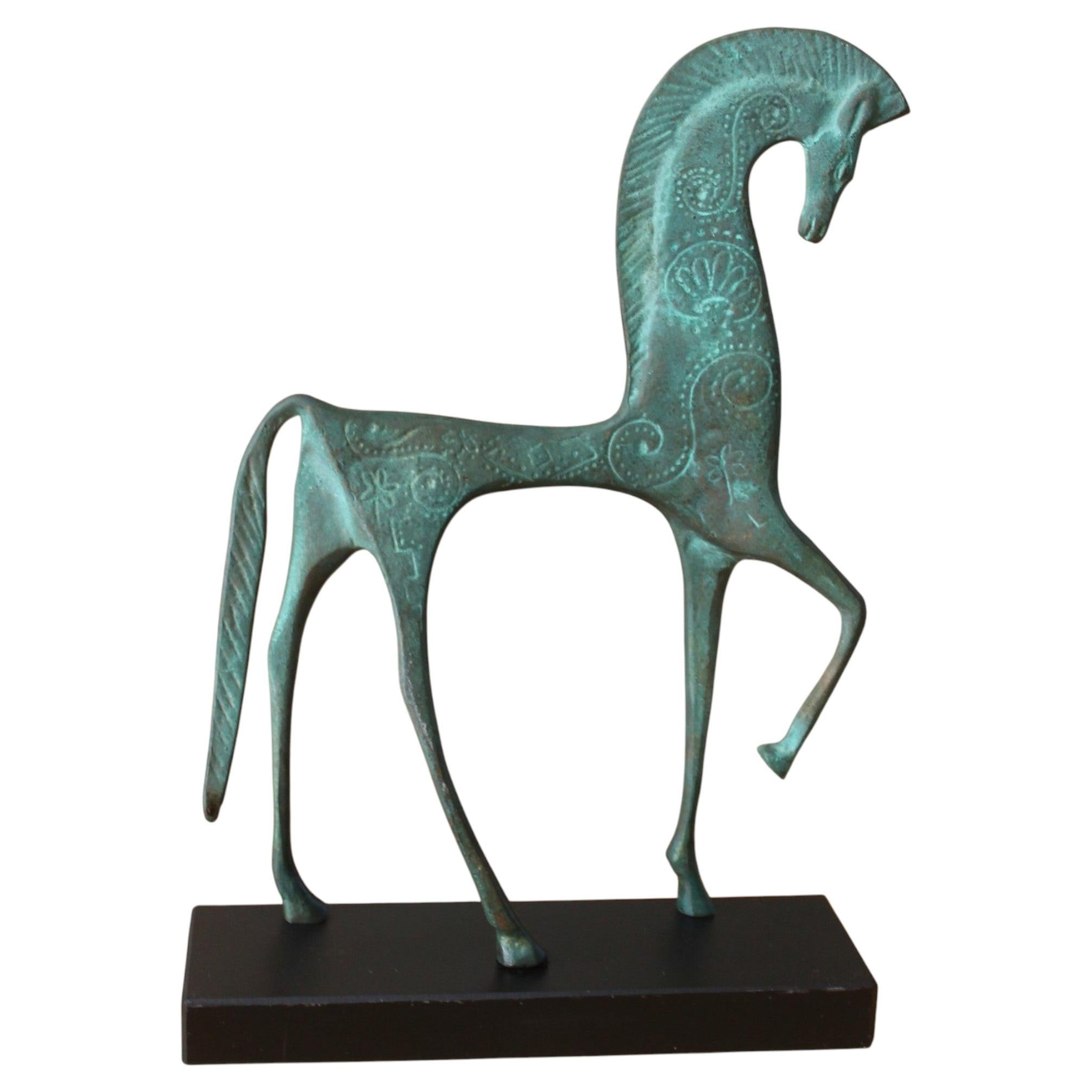 Mid Century Bronze Etruscan Horse Sculpture on Slate Base Attr Frederic Weinberg