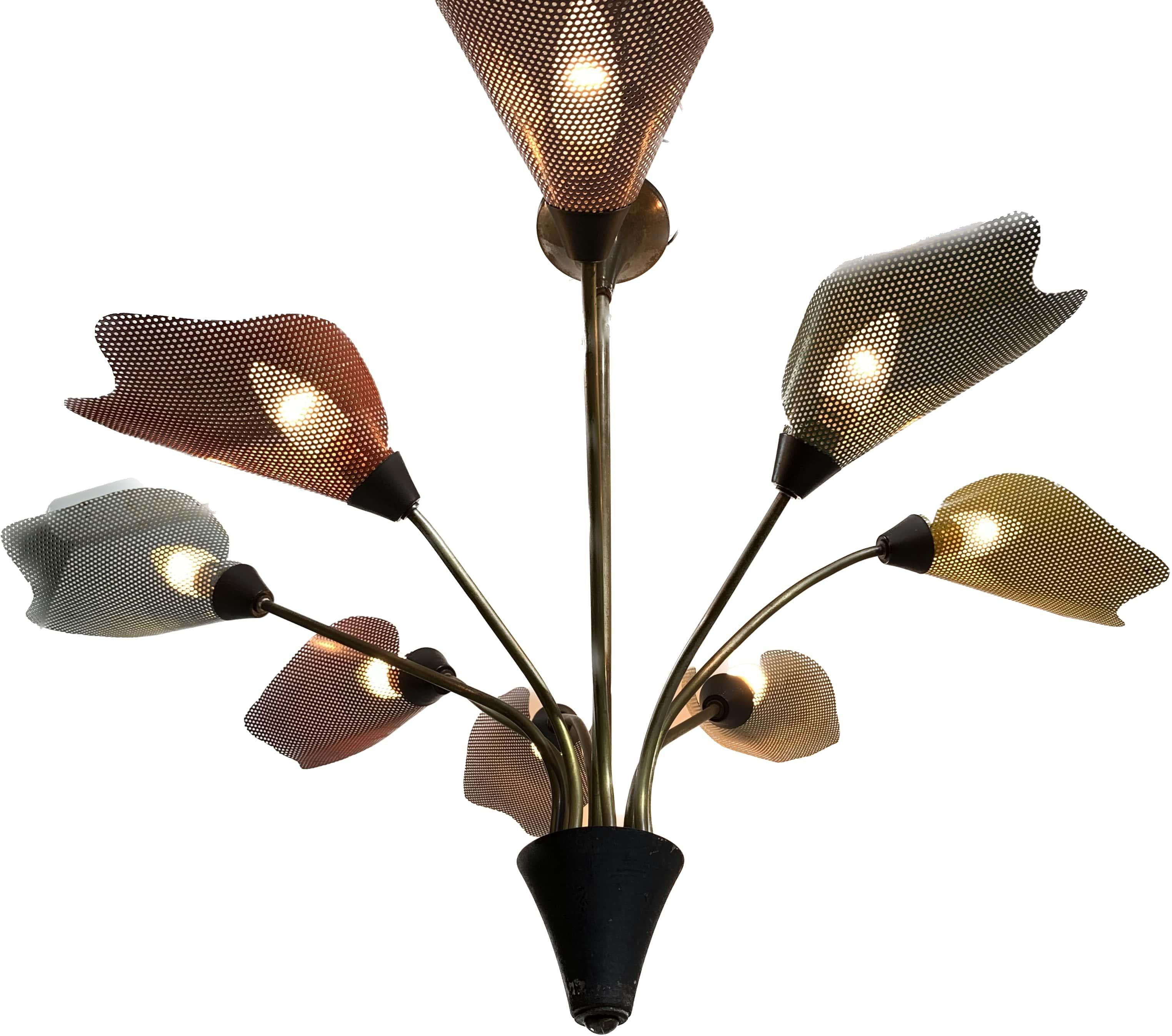 Midcentury Bronze European Chandelier with Perforated Metal Tulips For Sale 6