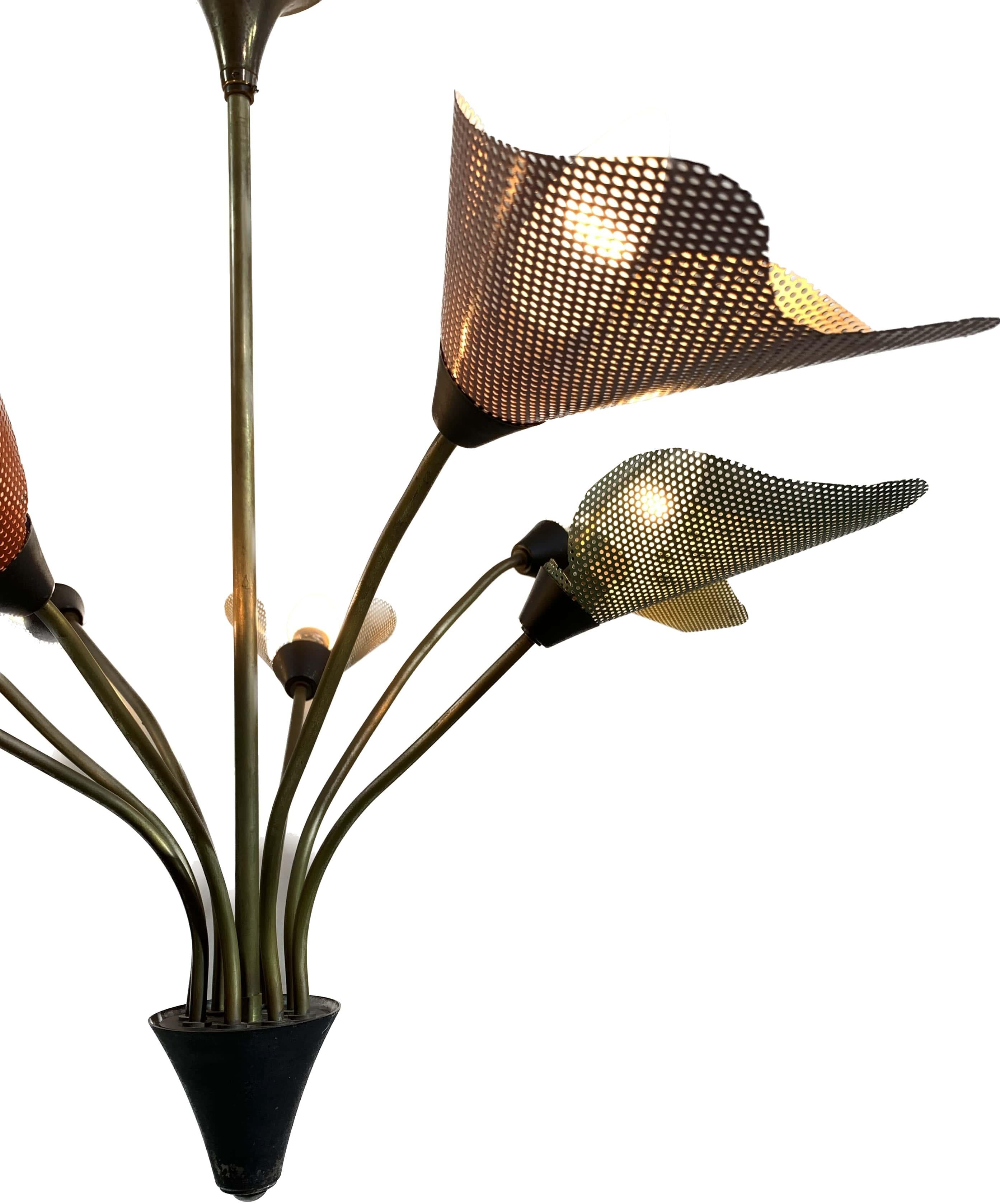 Midcentury Bronze European Chandelier with Perforated Metal Tulips For Sale 8