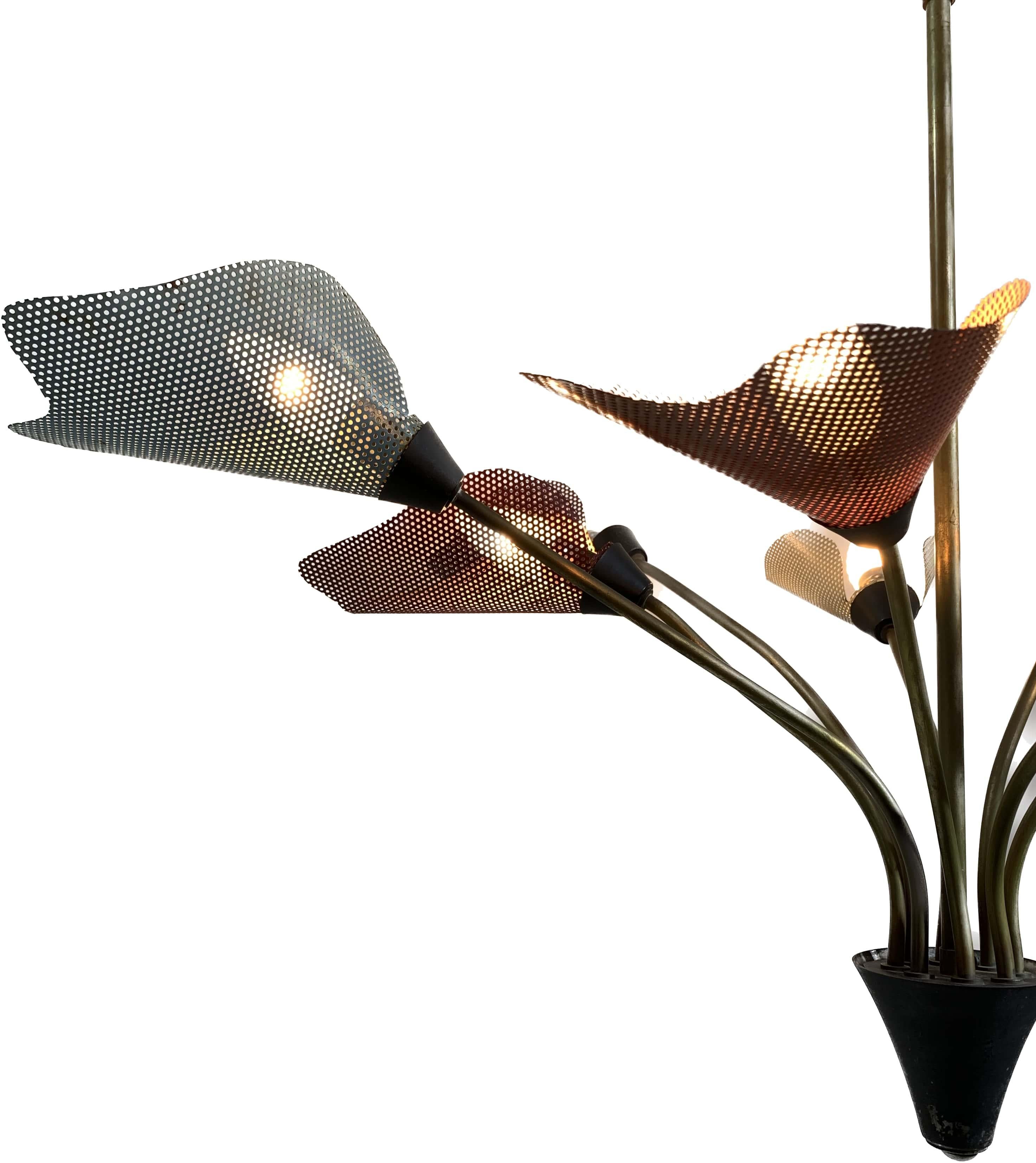 Midcentury Bronze European Chandelier with Perforated Metal Tulips For Sale 9