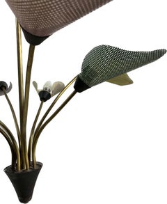 Midcentury Bronze European Chandelier with Perforated Metal Tulips
