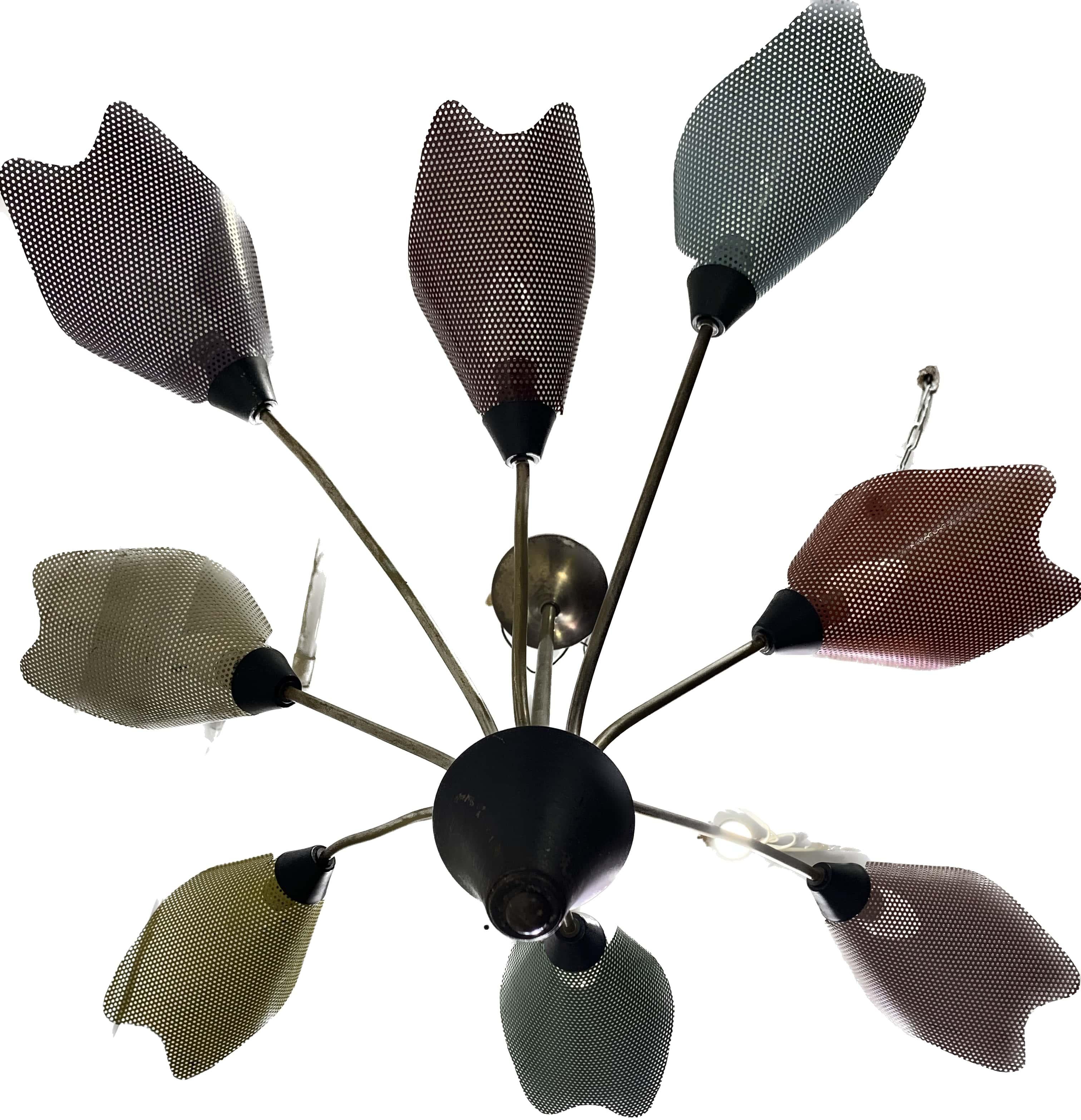 Patinated Midcentury Bronze European Chandelier with Perforated Metal Tulips For Sale