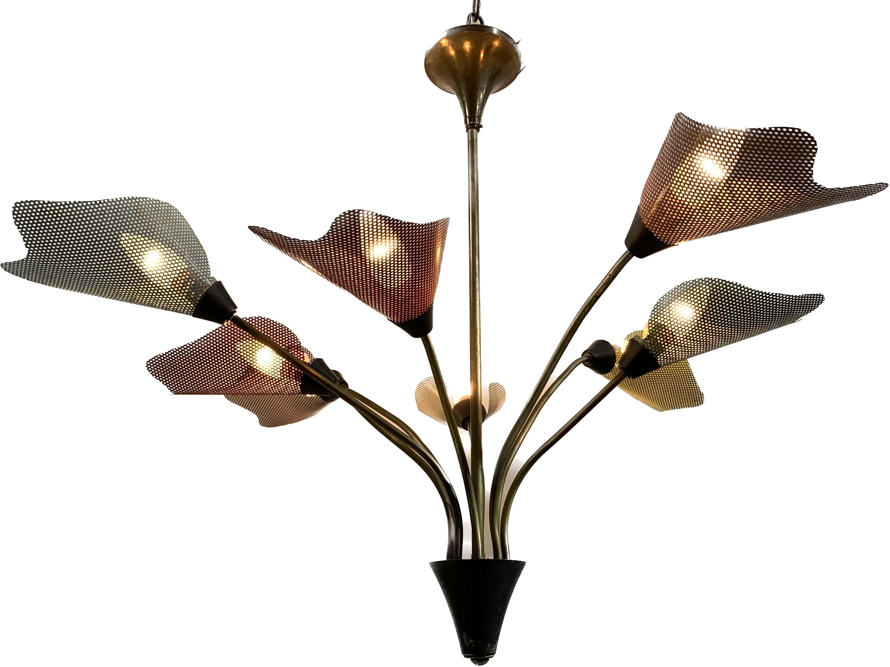 Midcentury Bronze European Chandelier with Perforated Metal Tulips In Good Condition For Sale In Beirut, LB
