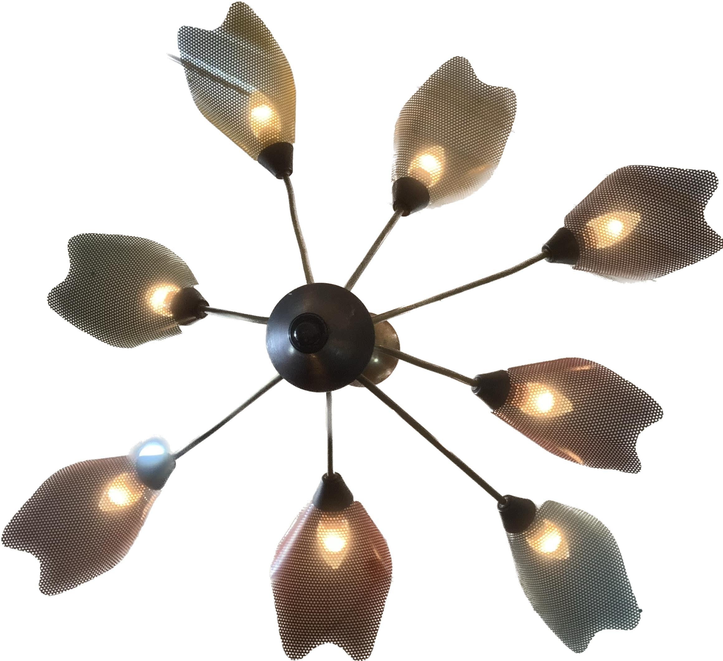 20th Century Midcentury Bronze European Chandelier with Perforated Metal Tulips For Sale