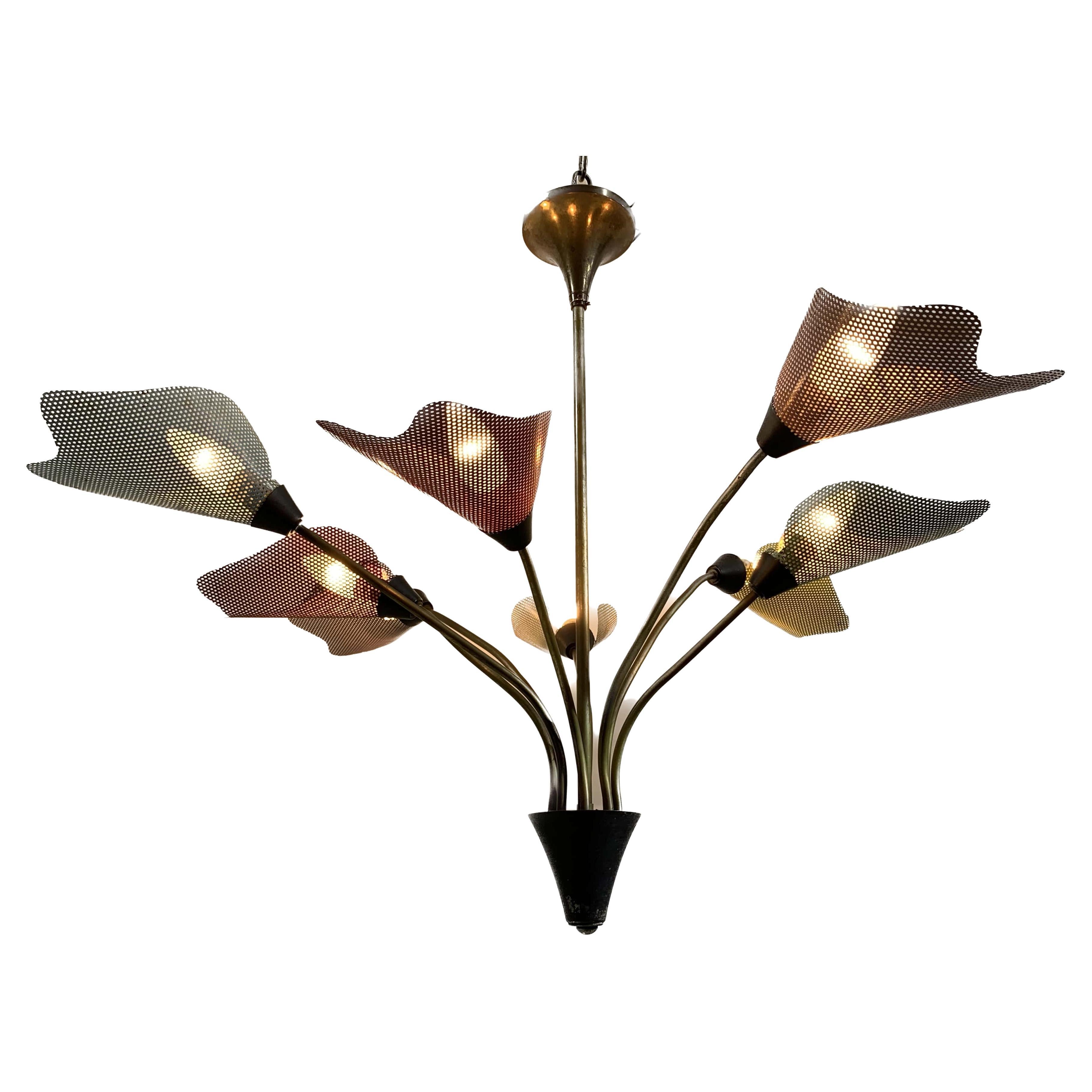 Midcentury Bronze European Chandelier with Perforated Metal Tulips