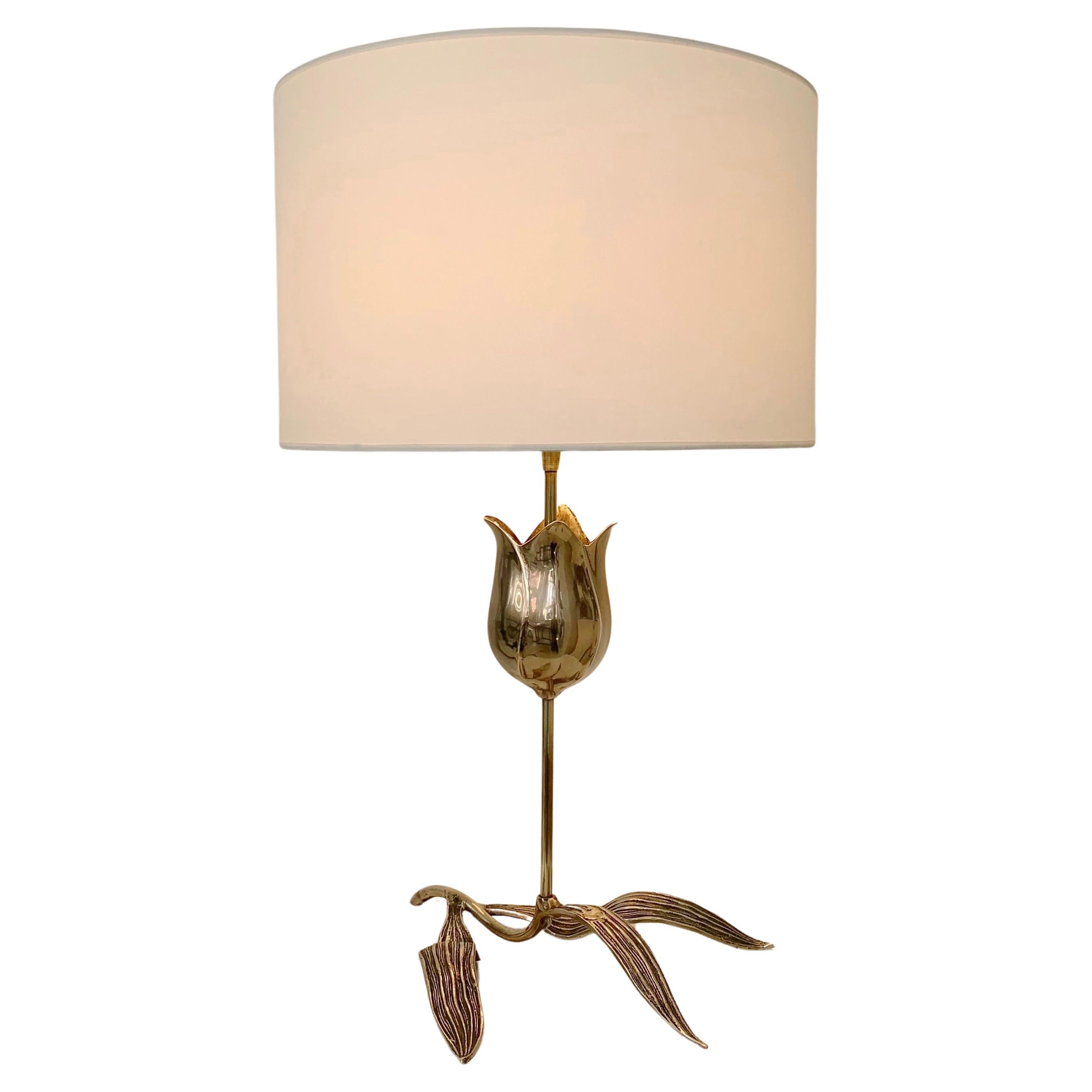 Mid-Century Bronze Flower and Leaves Table Lamp, circa 1970, France. For Sale