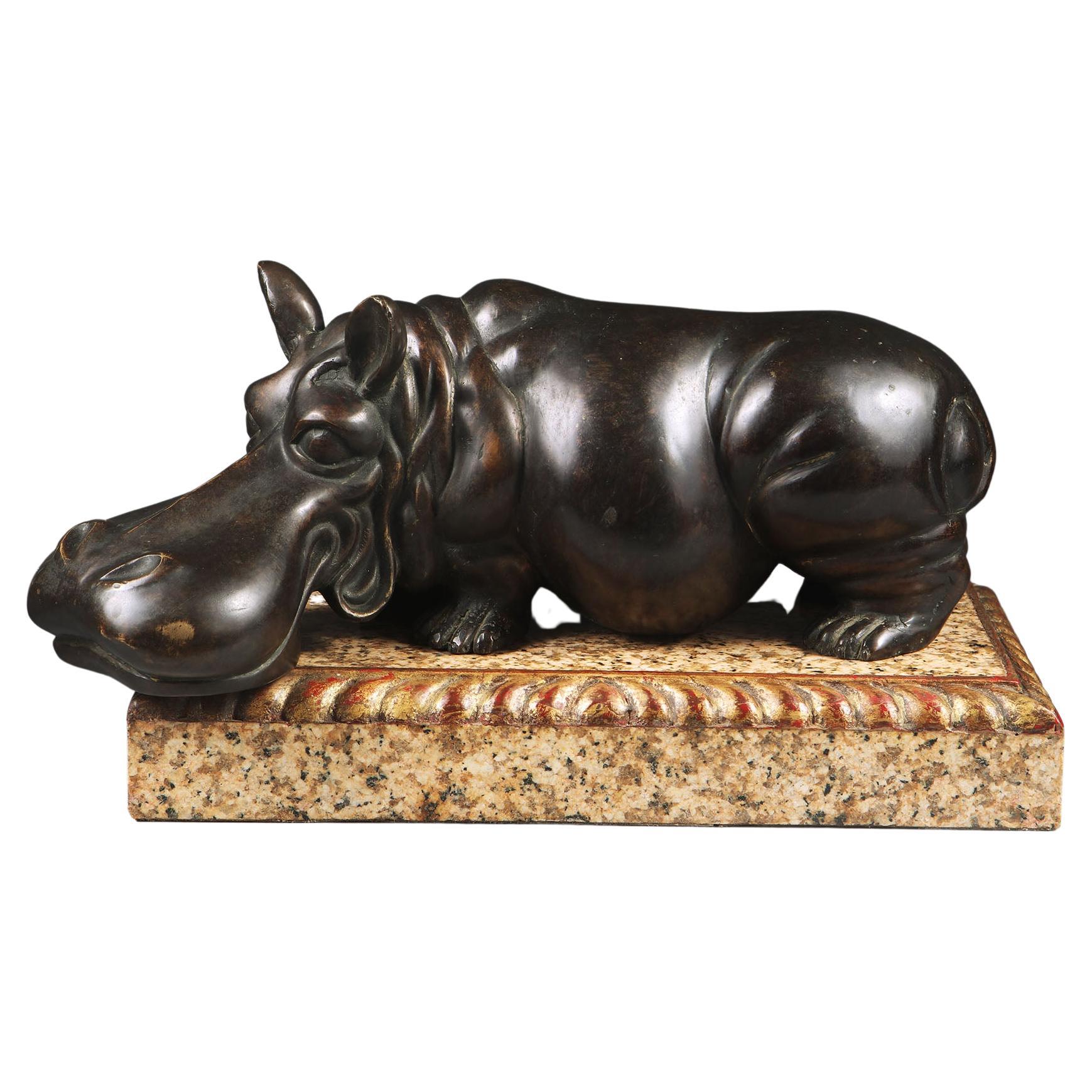 Mid-Century Bronze Hippopotamus on Marble Base For Sale
