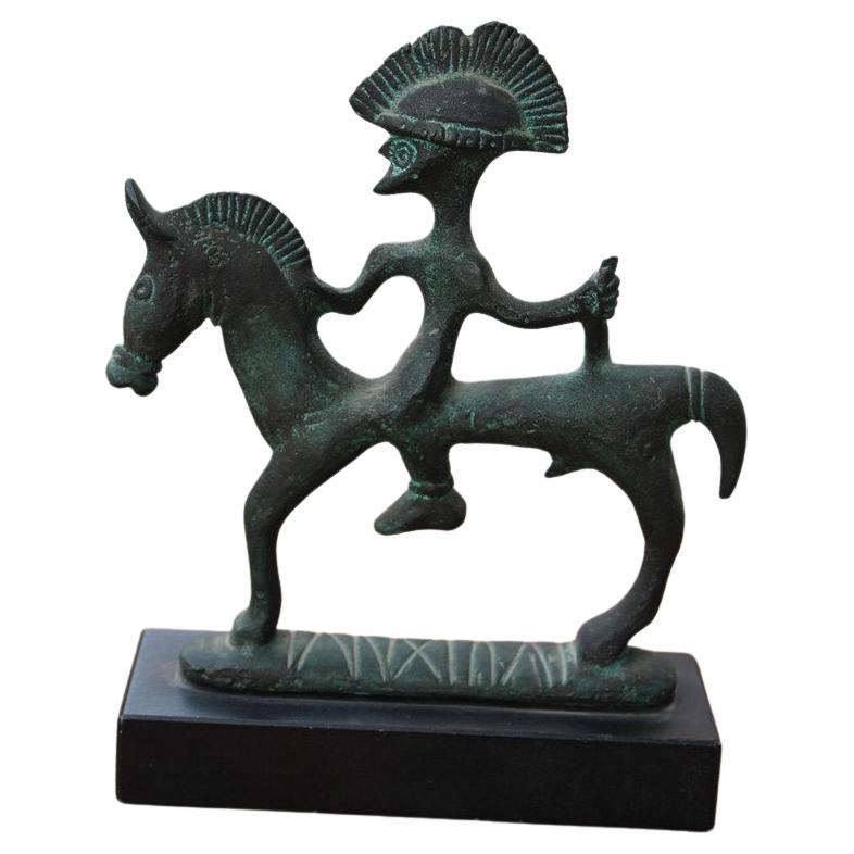 Mid-century bronze Italian sculpture with black marble warrior on horseback For Sale