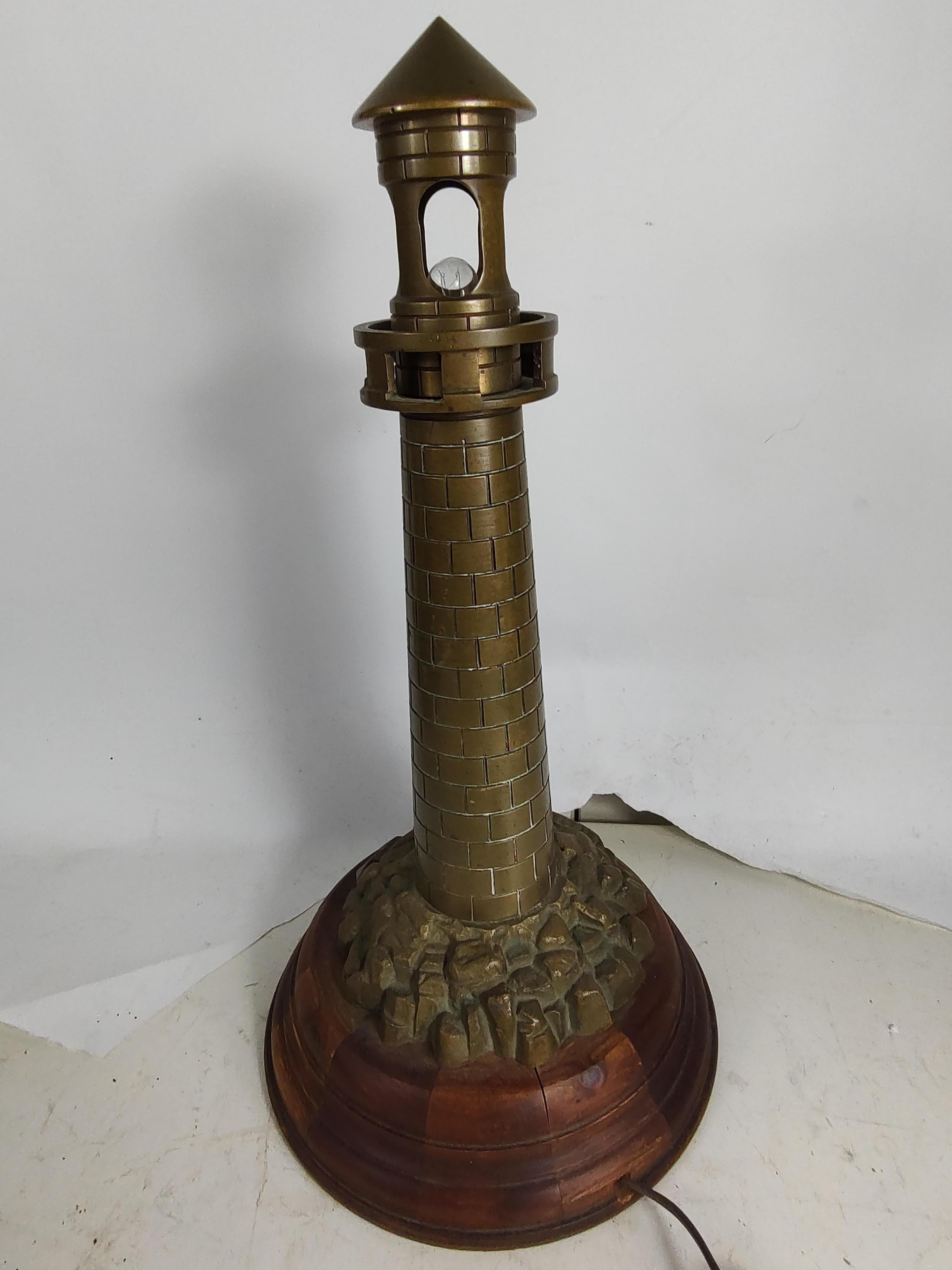 Cast Mid Century Bronze Lighthouse on the Rocks Table Lamp c1940 For Sale
