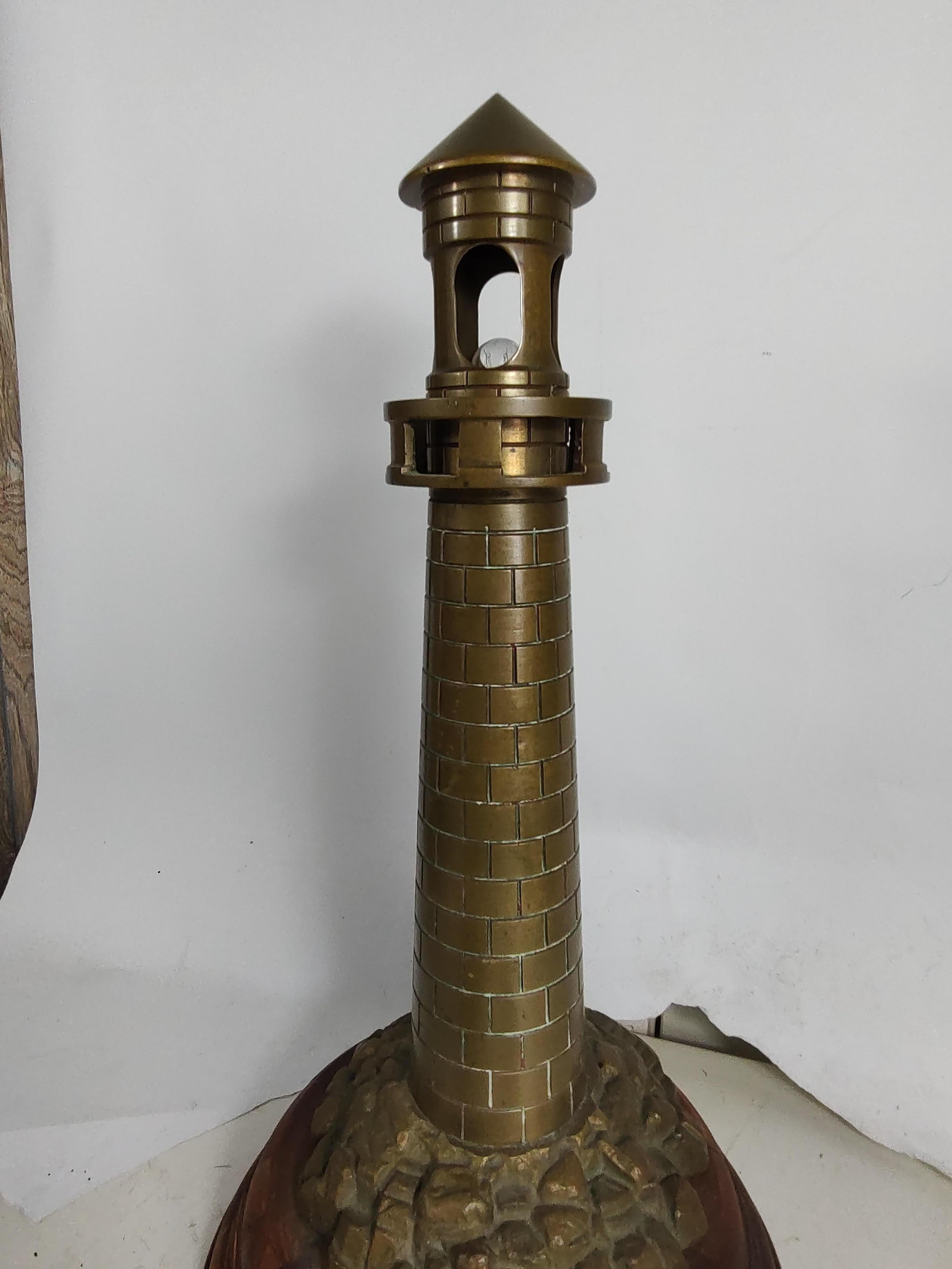 Hardwood Mid Century Bronze Lighthouse on the Rocks Table Lamp c1940 For Sale