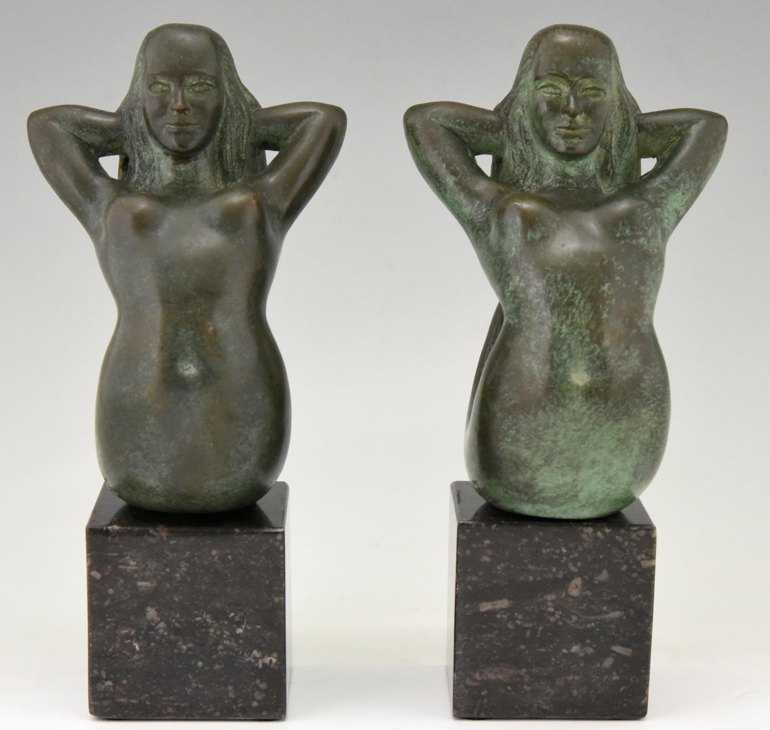 Patinated Midcentury Bronze Mermaid Bookends Rene Cliquet, 1970