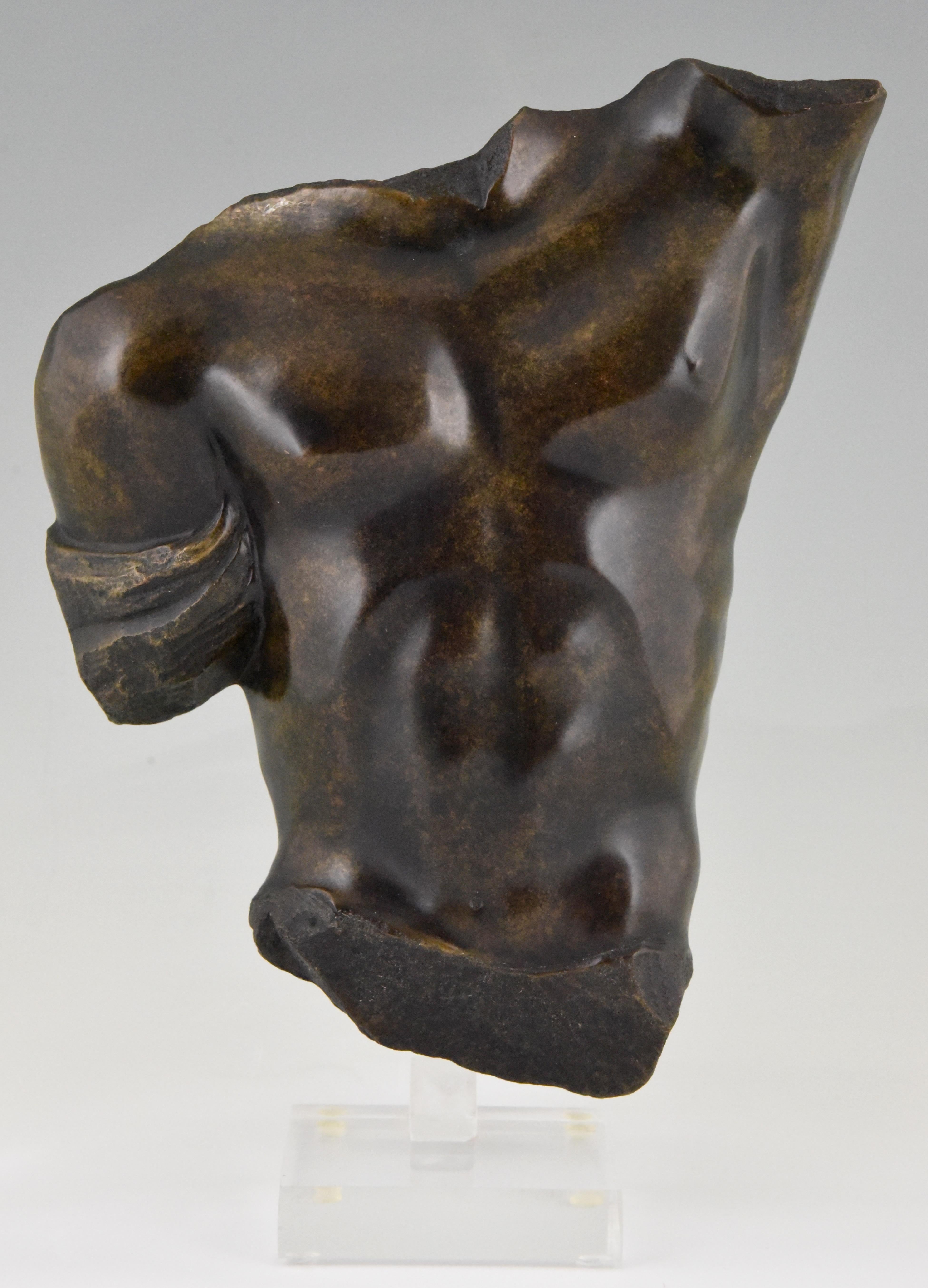 Mid-Century Modern bronze sculpture male torso on plexiglass base with lovely patina. Stamped and numbered, France, 1970.