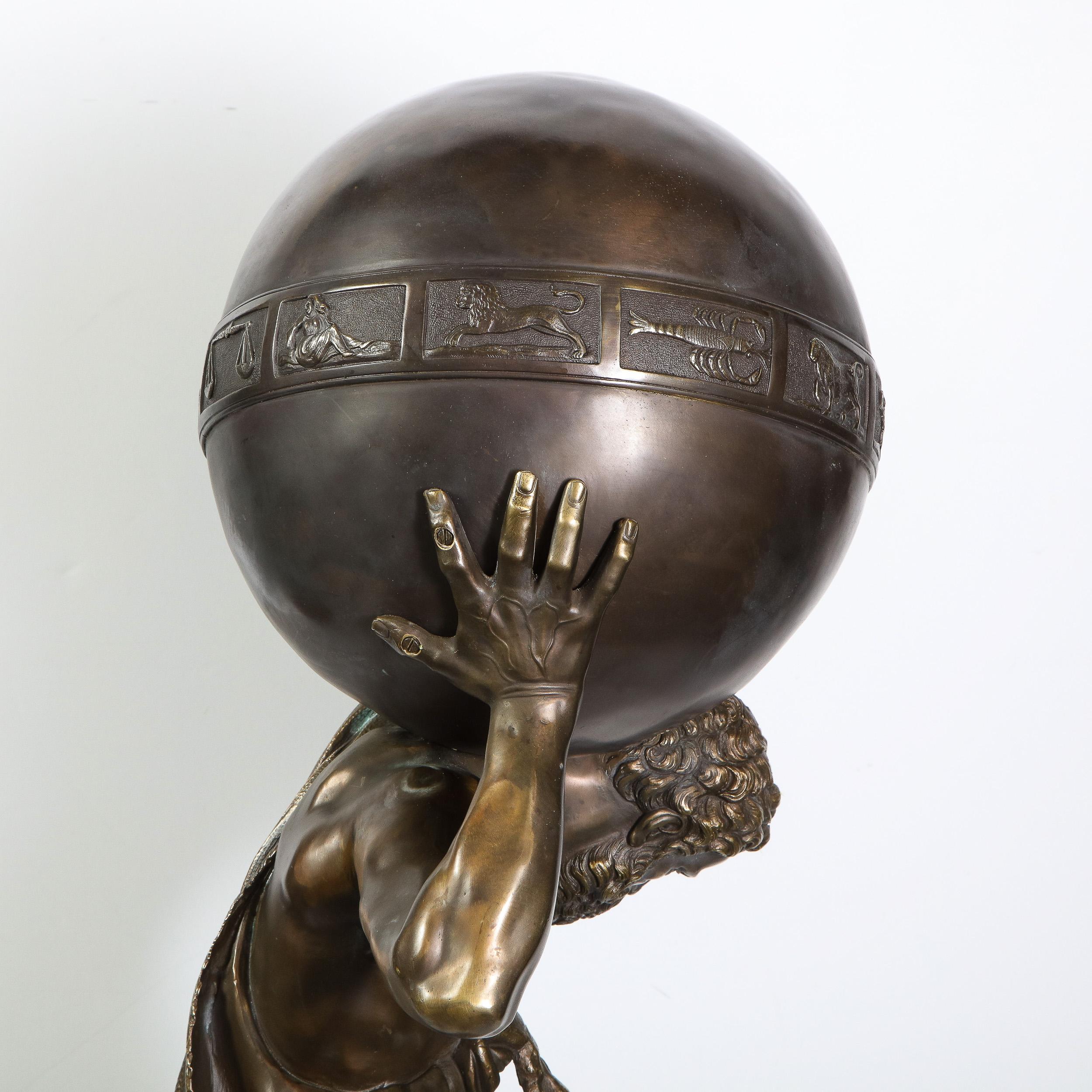 Midcentury Bronze Sculpture of Atlas Holding Globe Banded with Zodiac Symbols 5