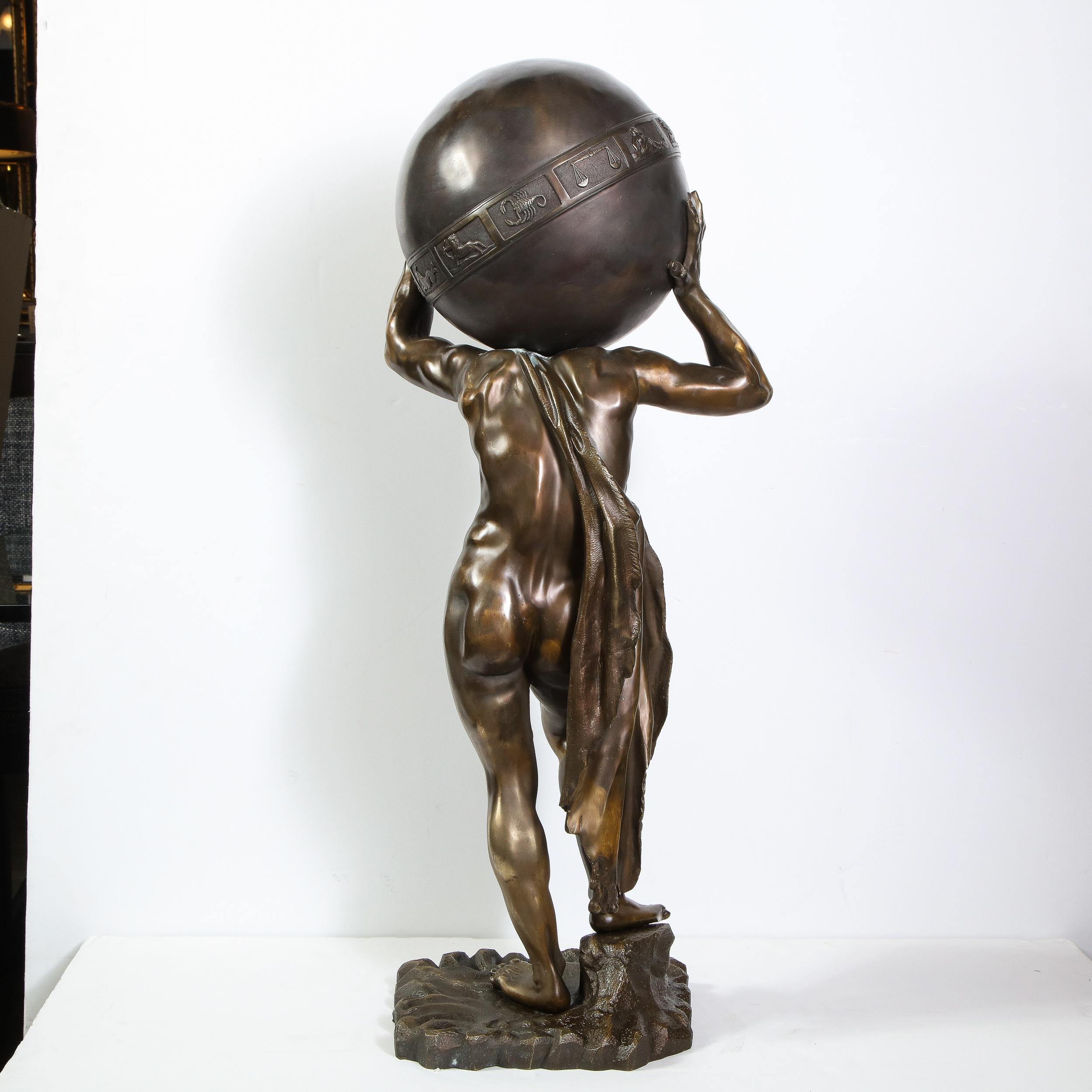 Midcentury Bronze Sculpture of Atlas Holding Globe Banded with Zodiac Symbols 6