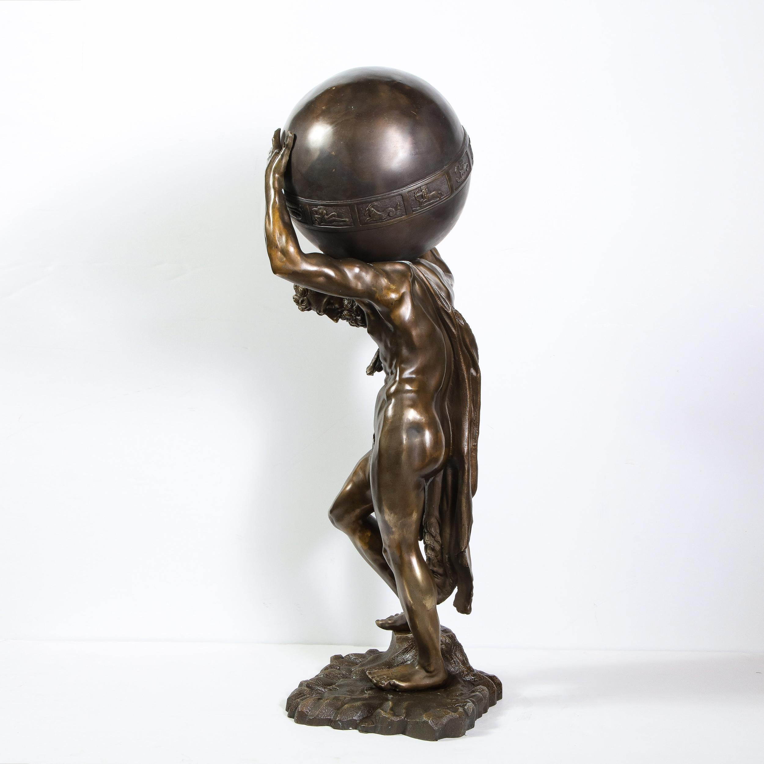 Midcentury Bronze Sculpture of Atlas Holding Globe Banded with Zodiac Symbols 7