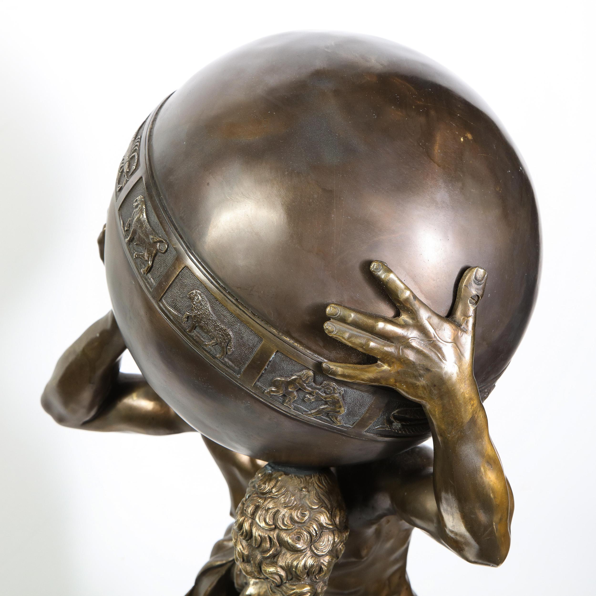 Midcentury Bronze Sculpture of Atlas Holding Globe Banded with Zodiac Symbols 12