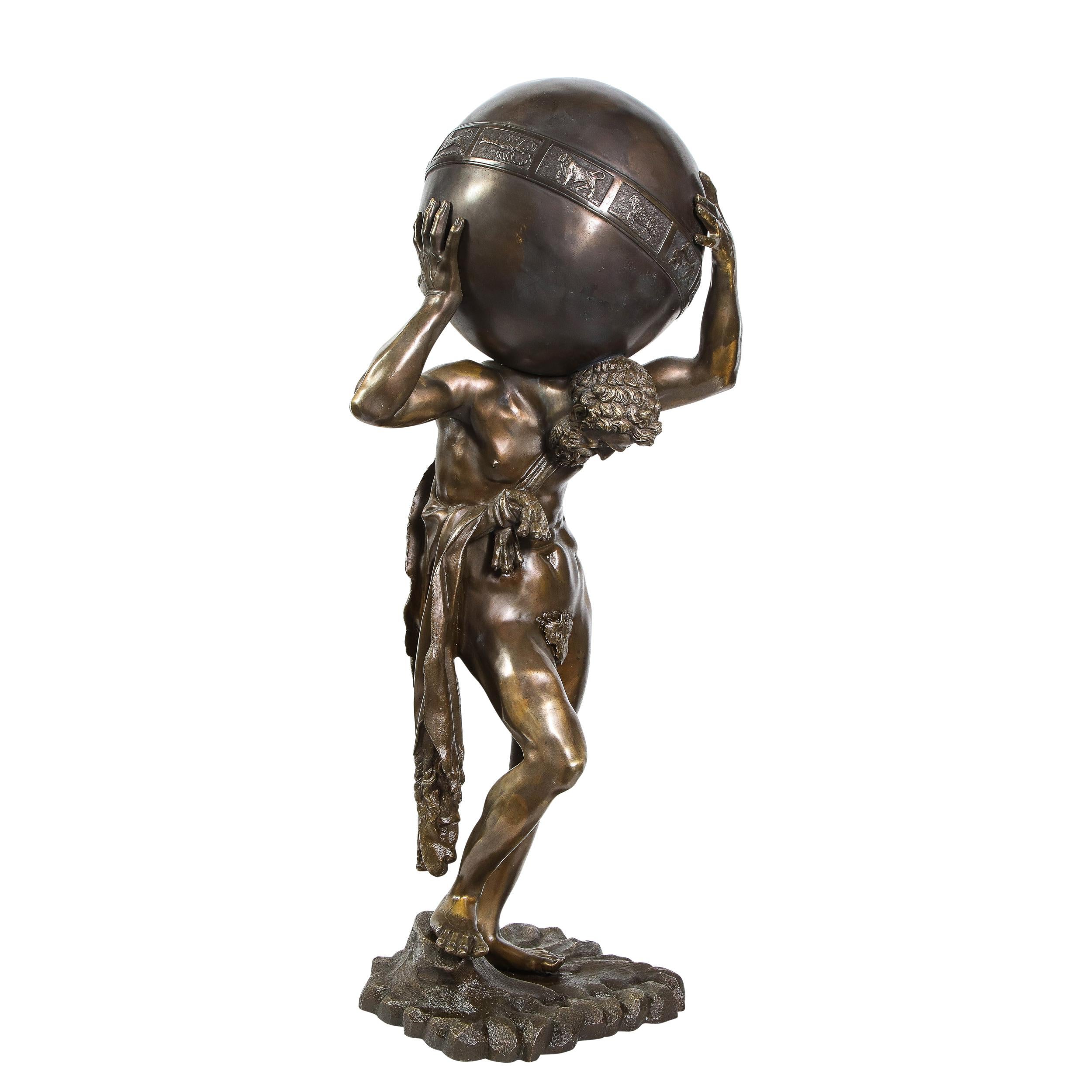 American Midcentury Bronze Sculpture of Atlas Holding Globe Banded with Zodiac Symbols