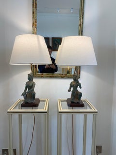 Mid-Century Bronze Table Lamps Thai Musicians Verdigris Patina Wood Base 1970s