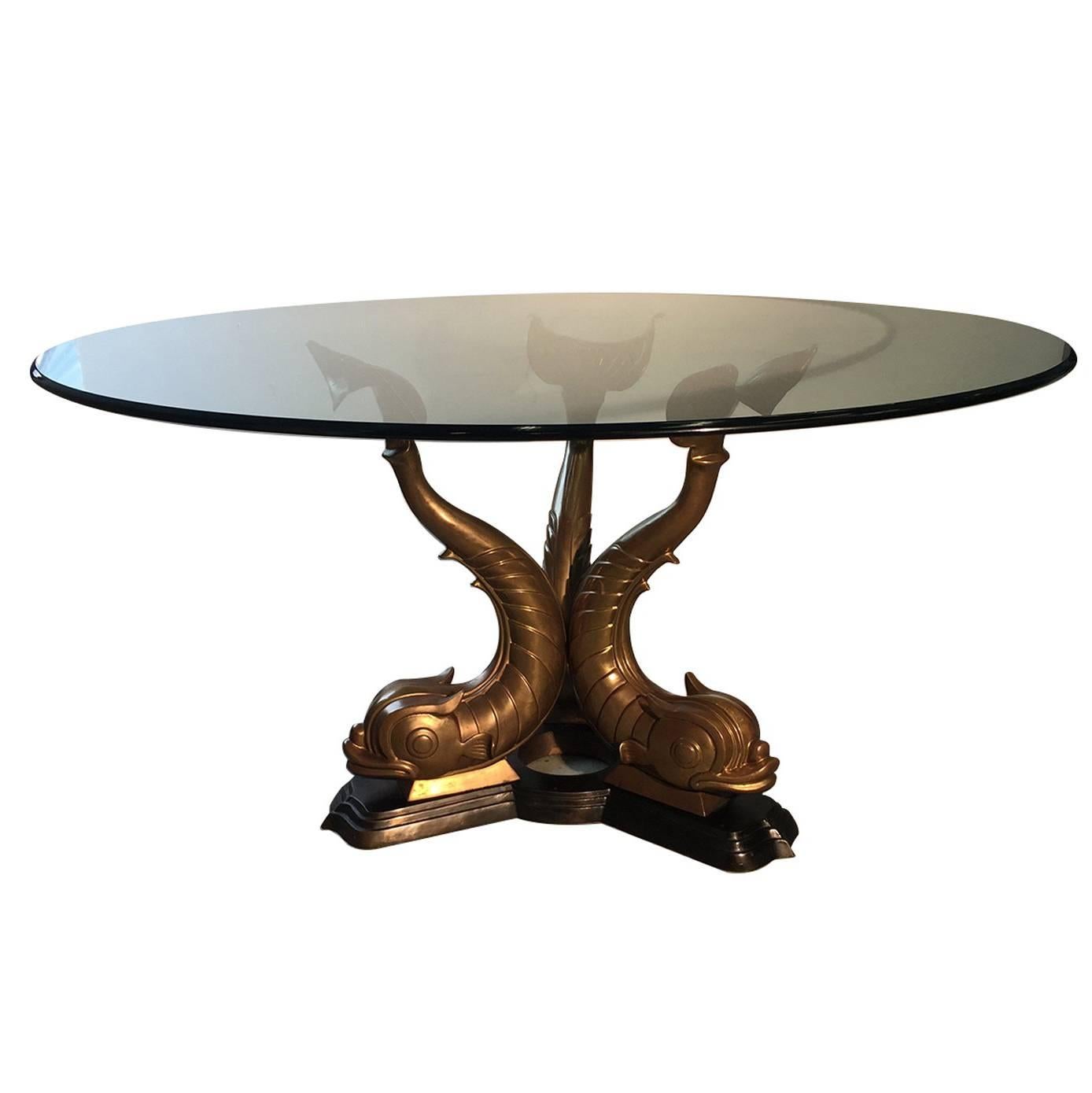 Midcentury Bronze Triple Dolphin Base Glass Top Table