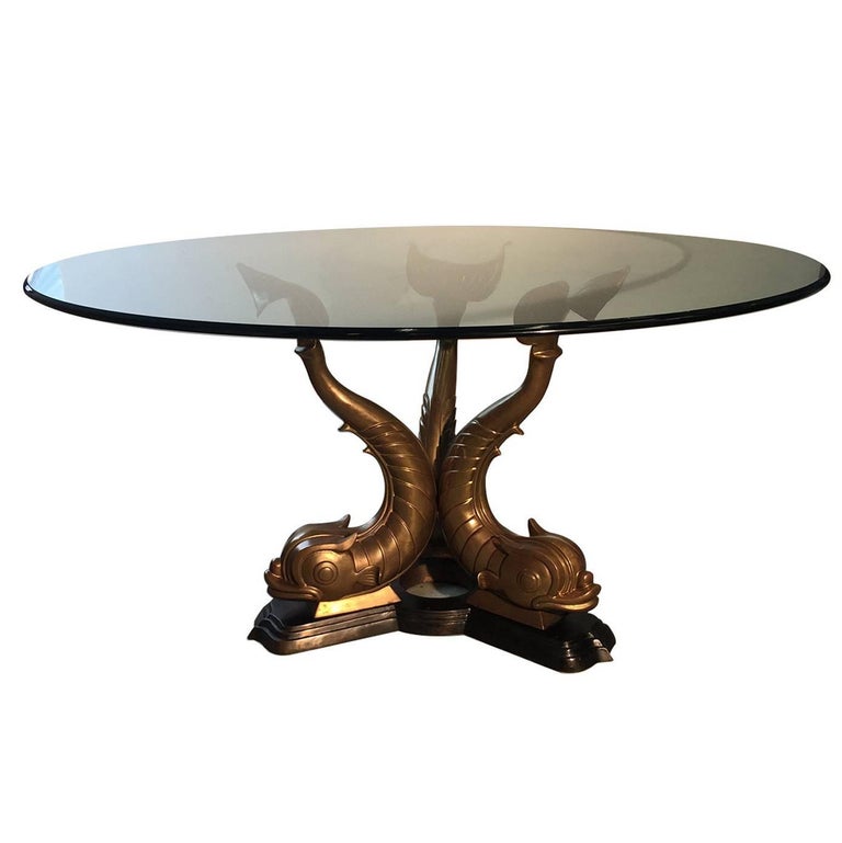Patinated Bronze Triple Dolphin Center Table With Glass Top at 1stdibs