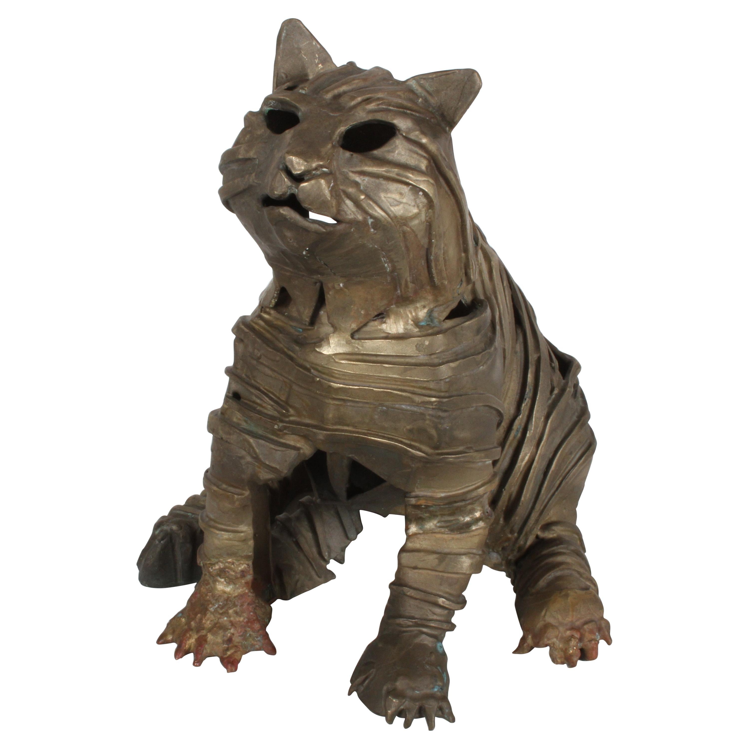 Mid-Century Bronze Welded Brutalist Mummy Cat Sculpture, Style of Jane Ackroyd For Sale