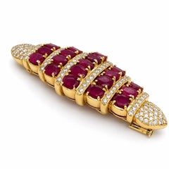 MID-CENTURY Brooch 15.00 Carat Ruby and Diamond Tapered Ribbon in 18K Gold