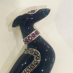 Mid Century Brooch of a Borzoi Dog set in silver with marcasite and rubies
