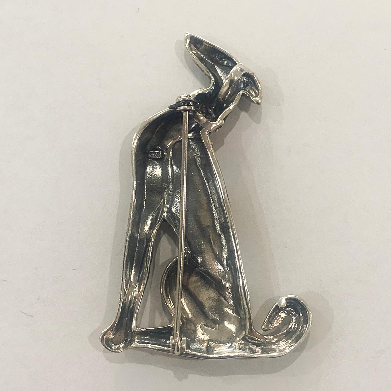 Mid Century Brooch of a Borzoi Dog set in silver with marcasite and rubies In Excellent Condition In Daylesford, Victoria