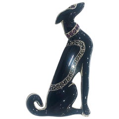 Mid Century Brooch of a Borzoi Dog set in silver with marcasite and rubies