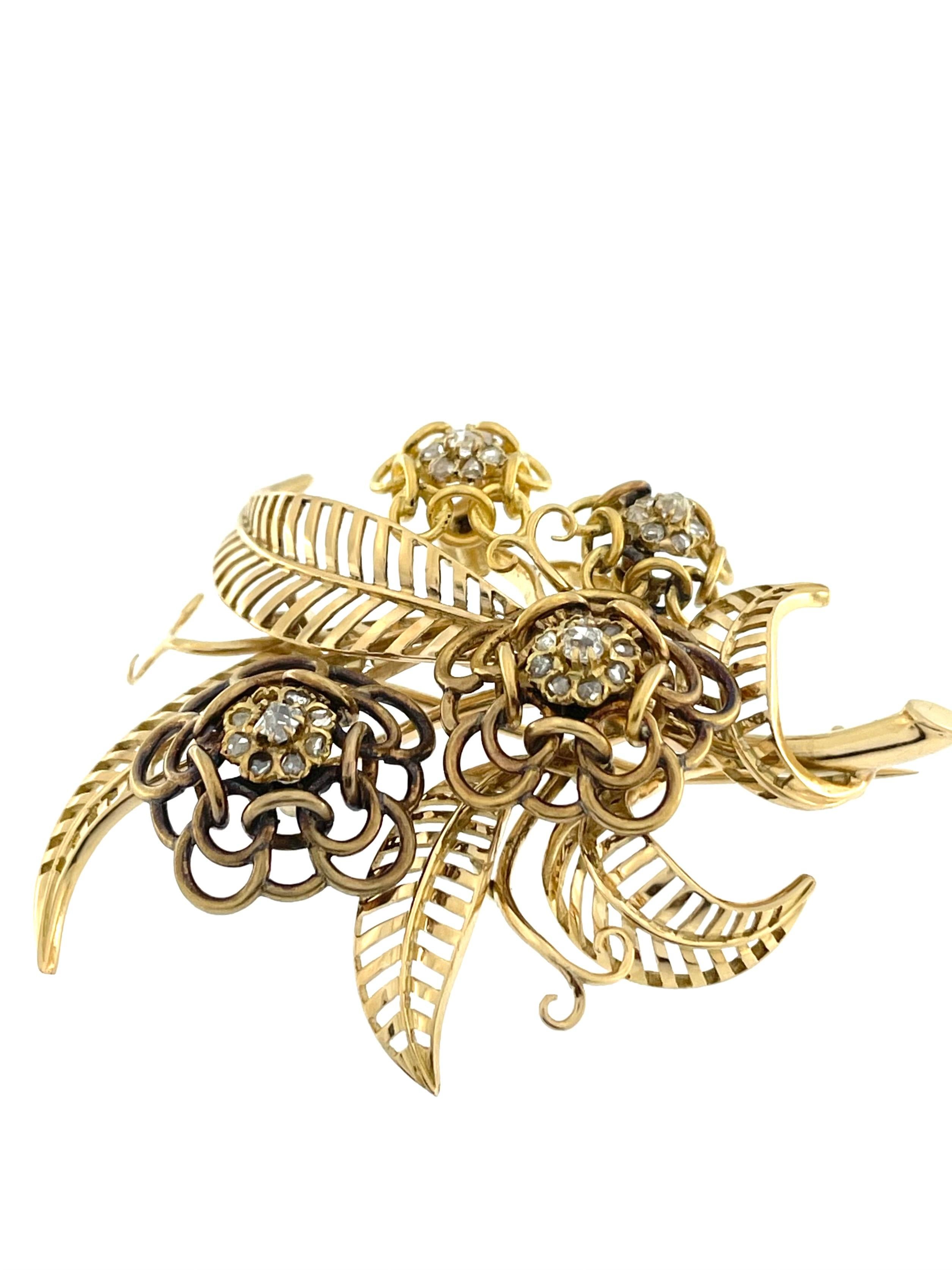 The Mid Century Brooch described is an exquisite piece of jewelry crafted from 18-karat yellow gold, showcasing a timeless and elegant design characteristic of the mid-20th century aesthetic. The use of 18-karat gold indicates a high level of purity