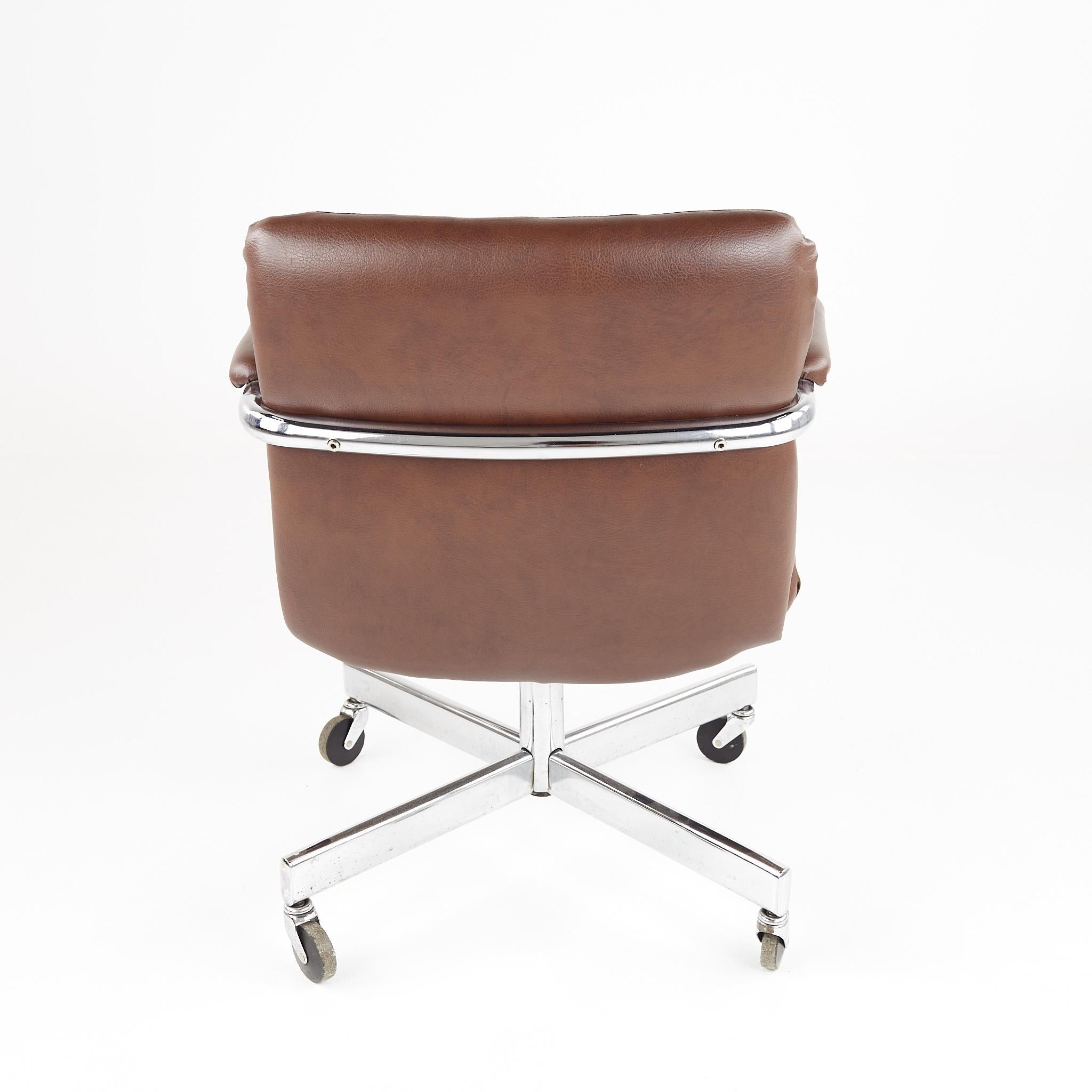 American Mid Century Brown and Chrome Swivel Wheeled Office Chair