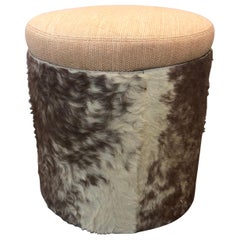Midcentury Brown and Tan Cowhide Round Stool with Round Seat Cushion