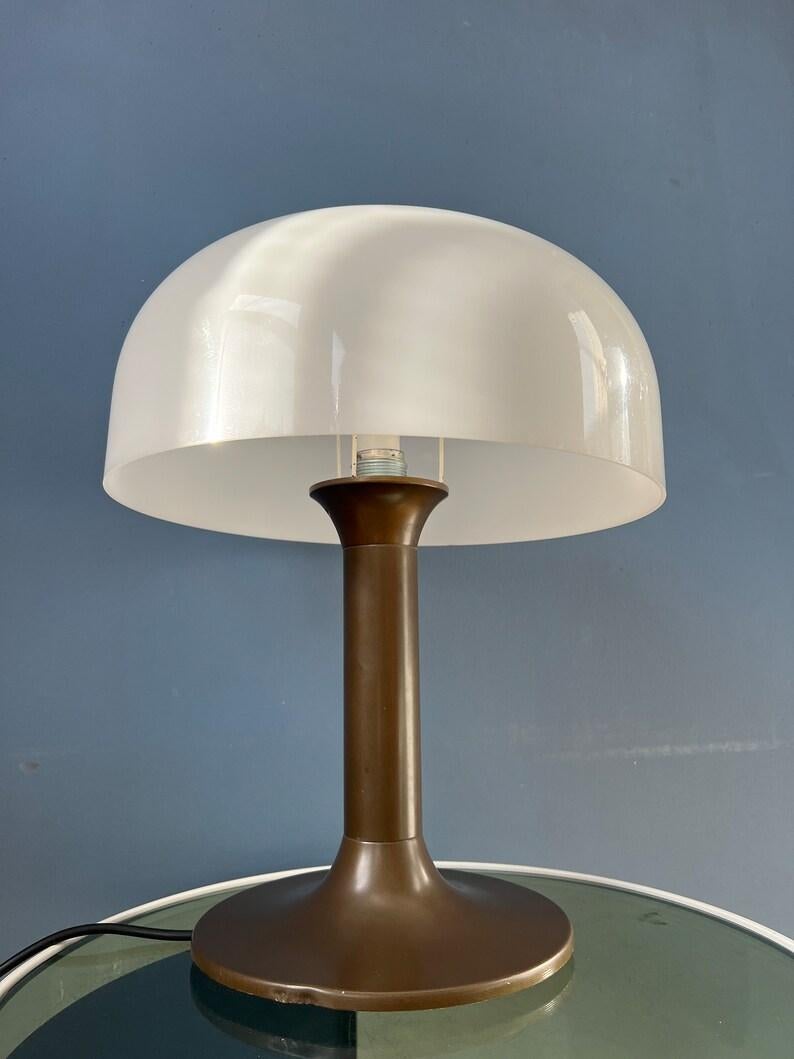 Metal Mid Century Brown and White Space Age Mushroom Table Lamp, 1970s For Sale