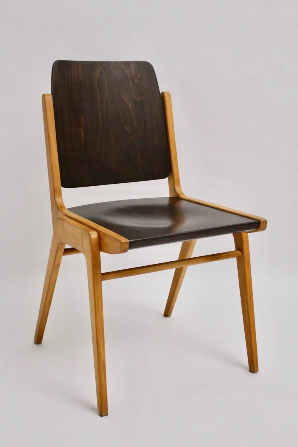 20th Century Midcentury Brown Beech Dining Room Chairs Franz Schuster Vienna 1959, Set of Six
