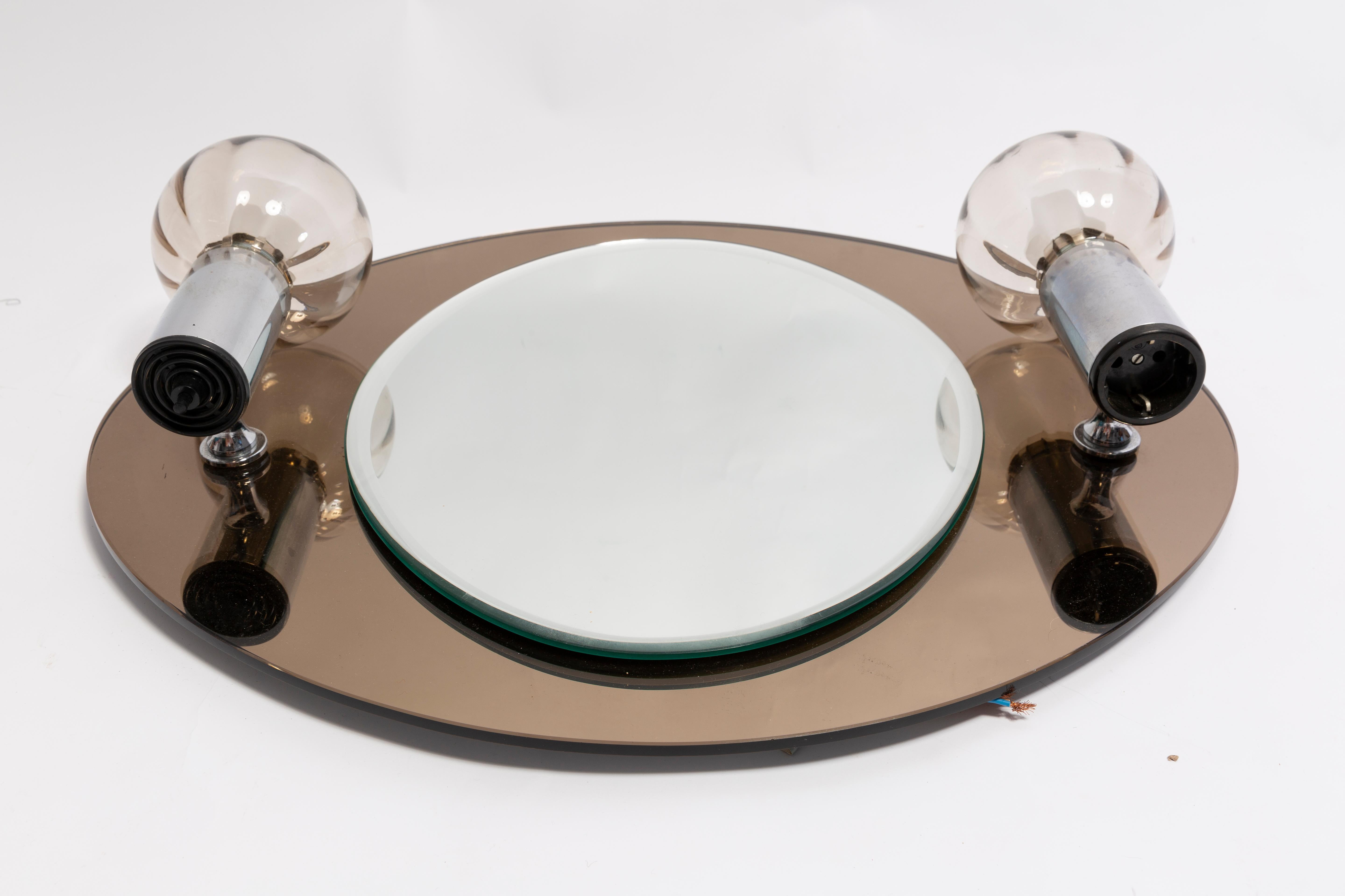 20th Century Mid Century Brown Glass Mirror with Lamps, Italy, 1970s For Sale