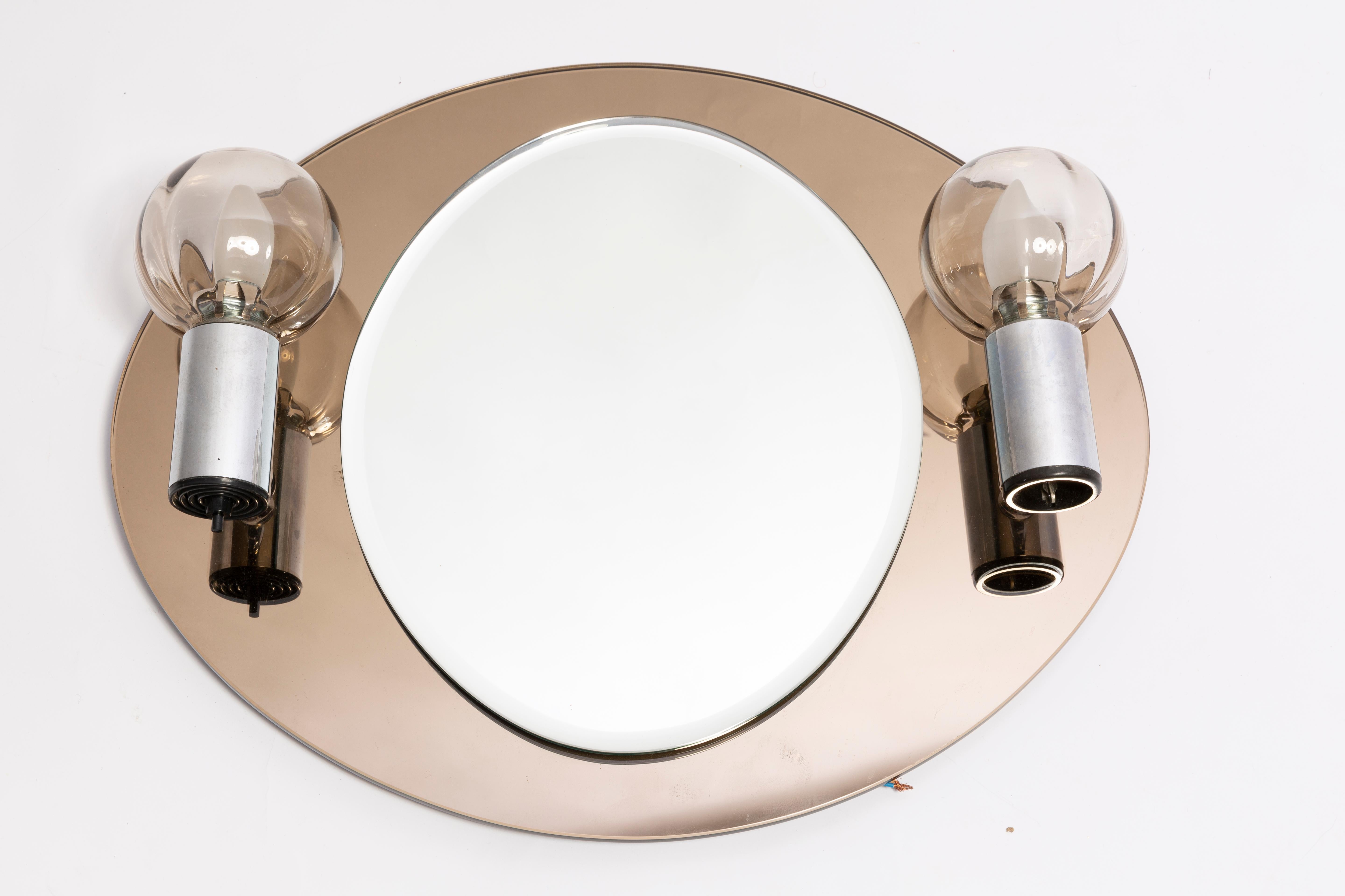 Mid Century Brown Glass Mirror with Lamps, Italy, 1970s For Sale 1