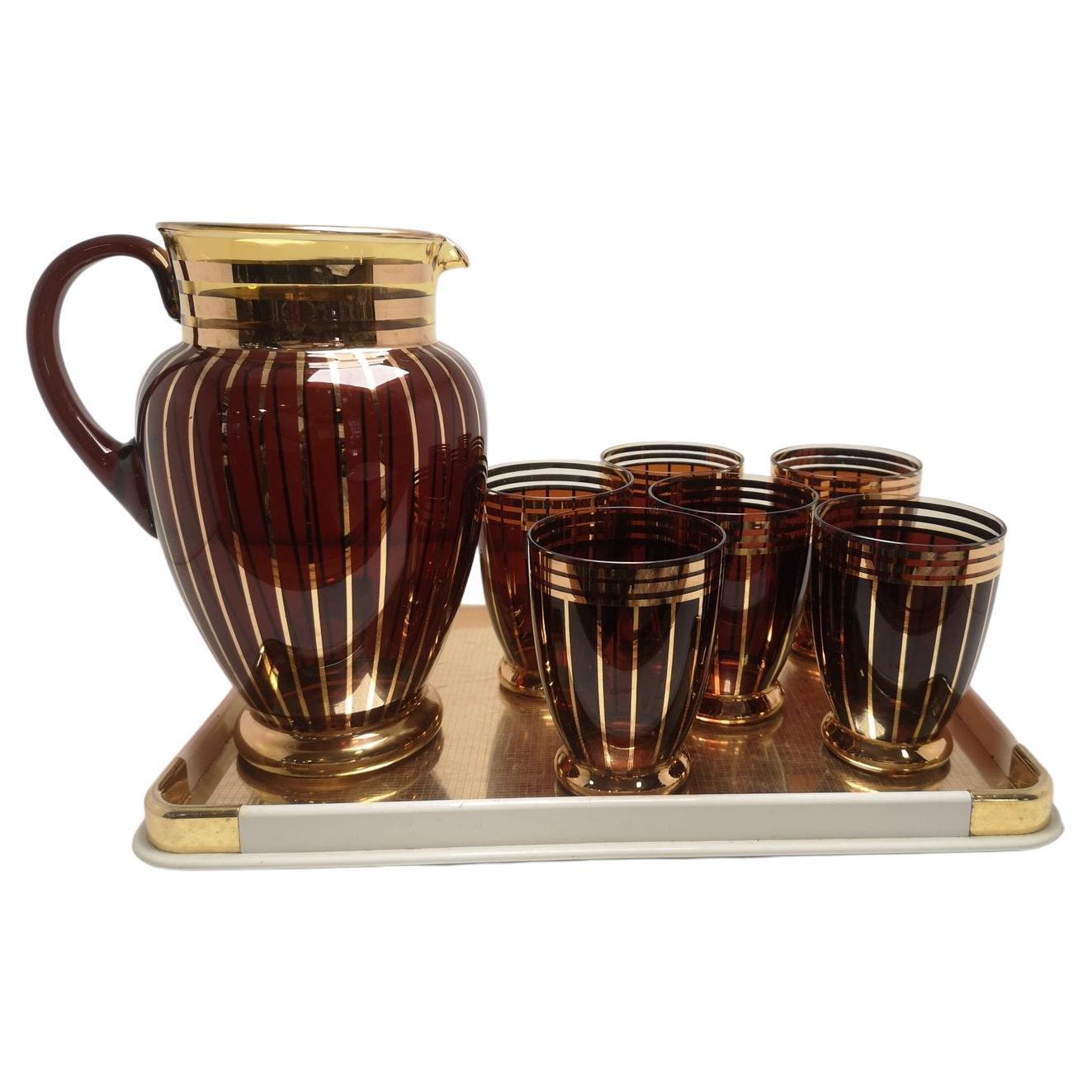 Mid-Century Brown Glass Serving Set from the Gilded 60s For Sale