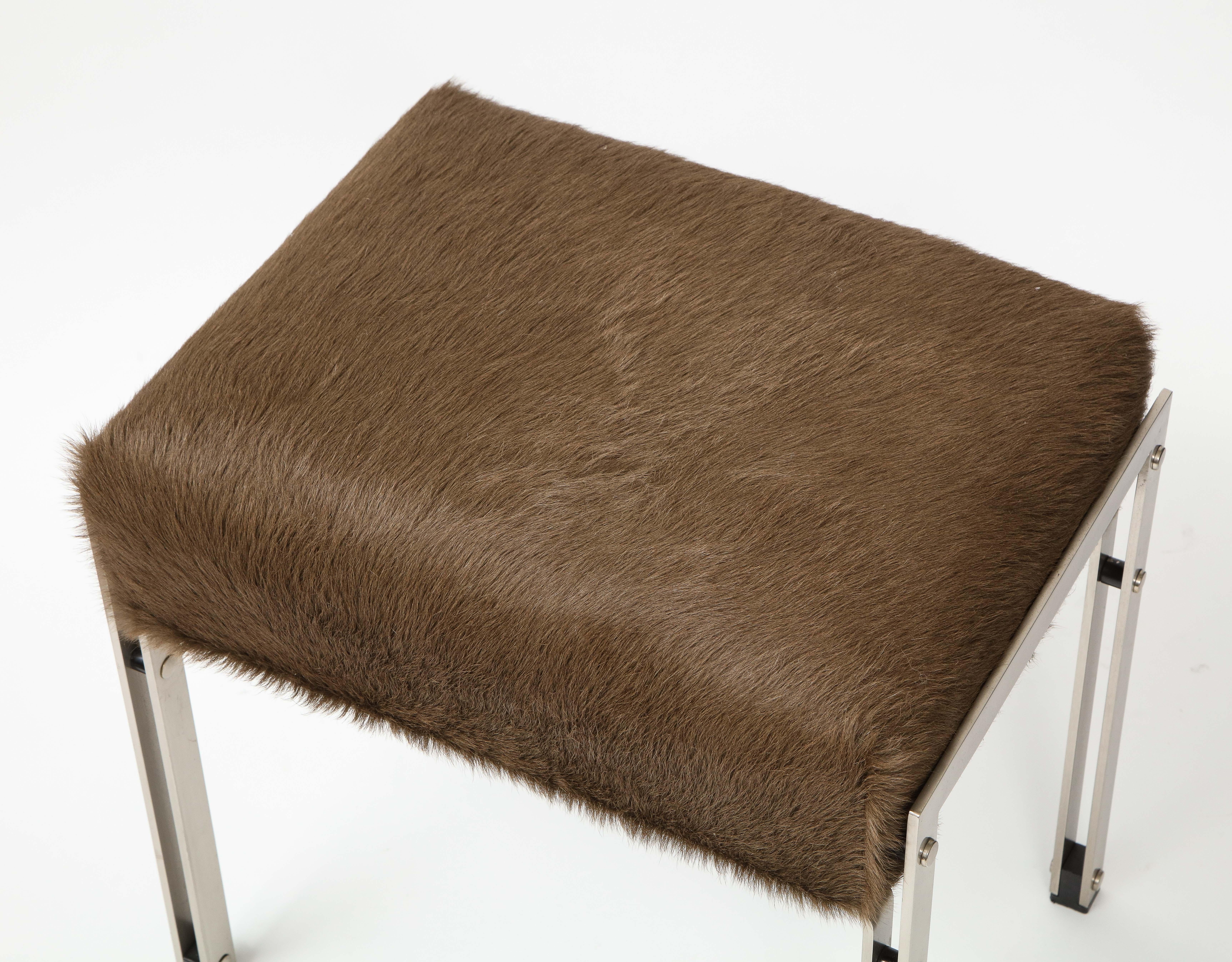 Mid-Century Brown Hair on Hide Upholstered Chrome Stool, 20th Century 5