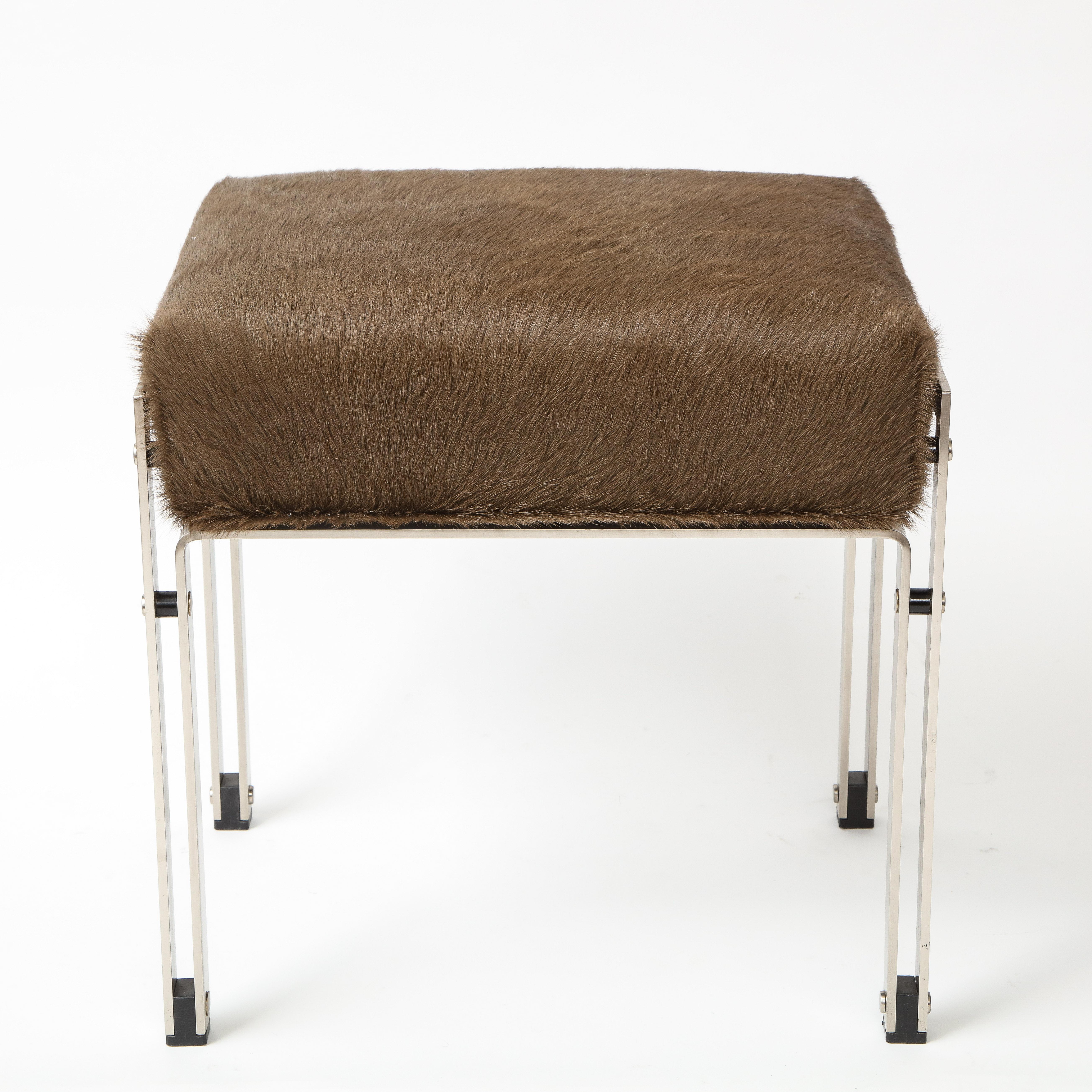Mid-Century Brown Hair on Hide Upholstered Chrome Stool, 20th Century 6