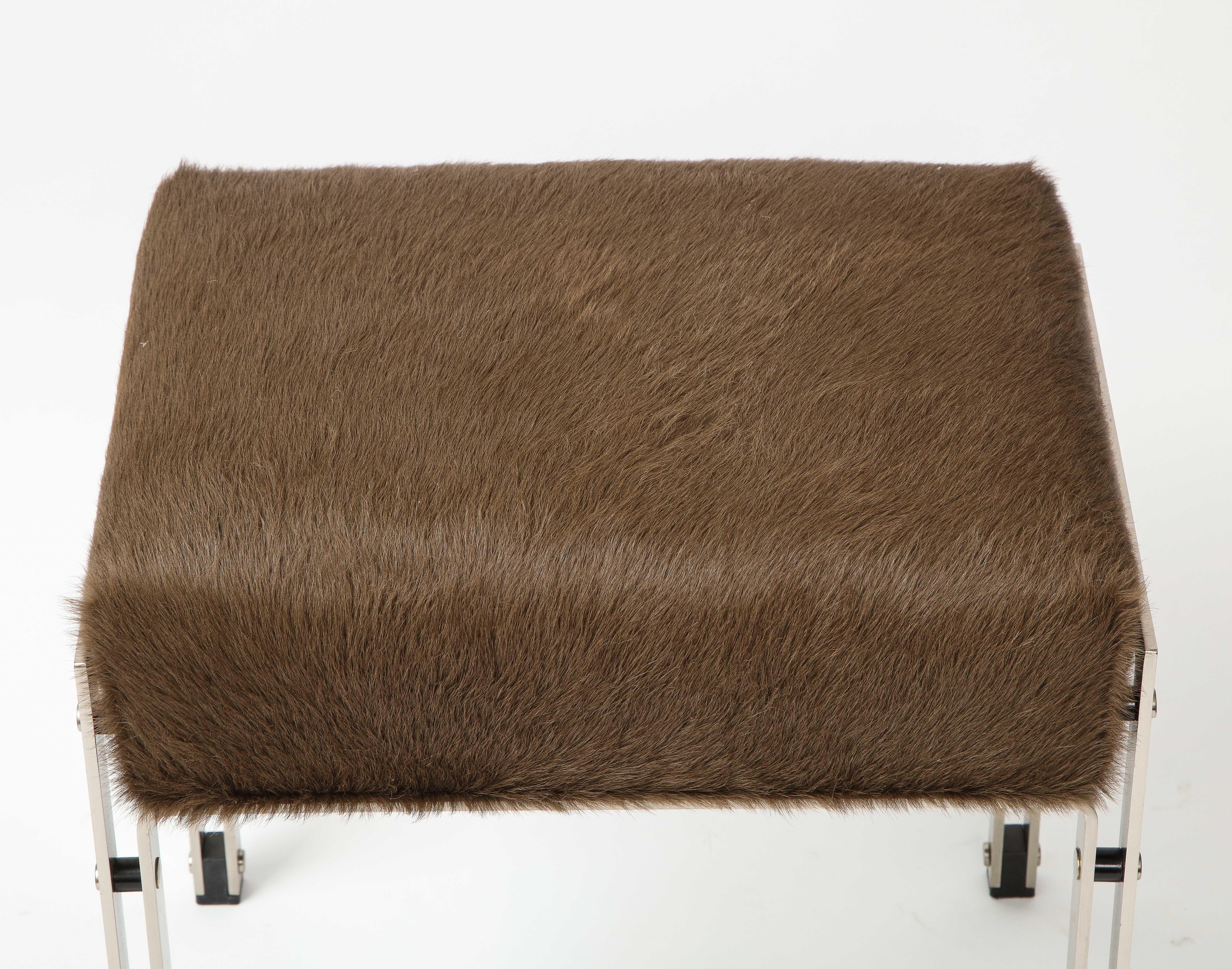 Mid-Century Brown Hair on Hide Upholstered Chrome Stool, 20th Century 7