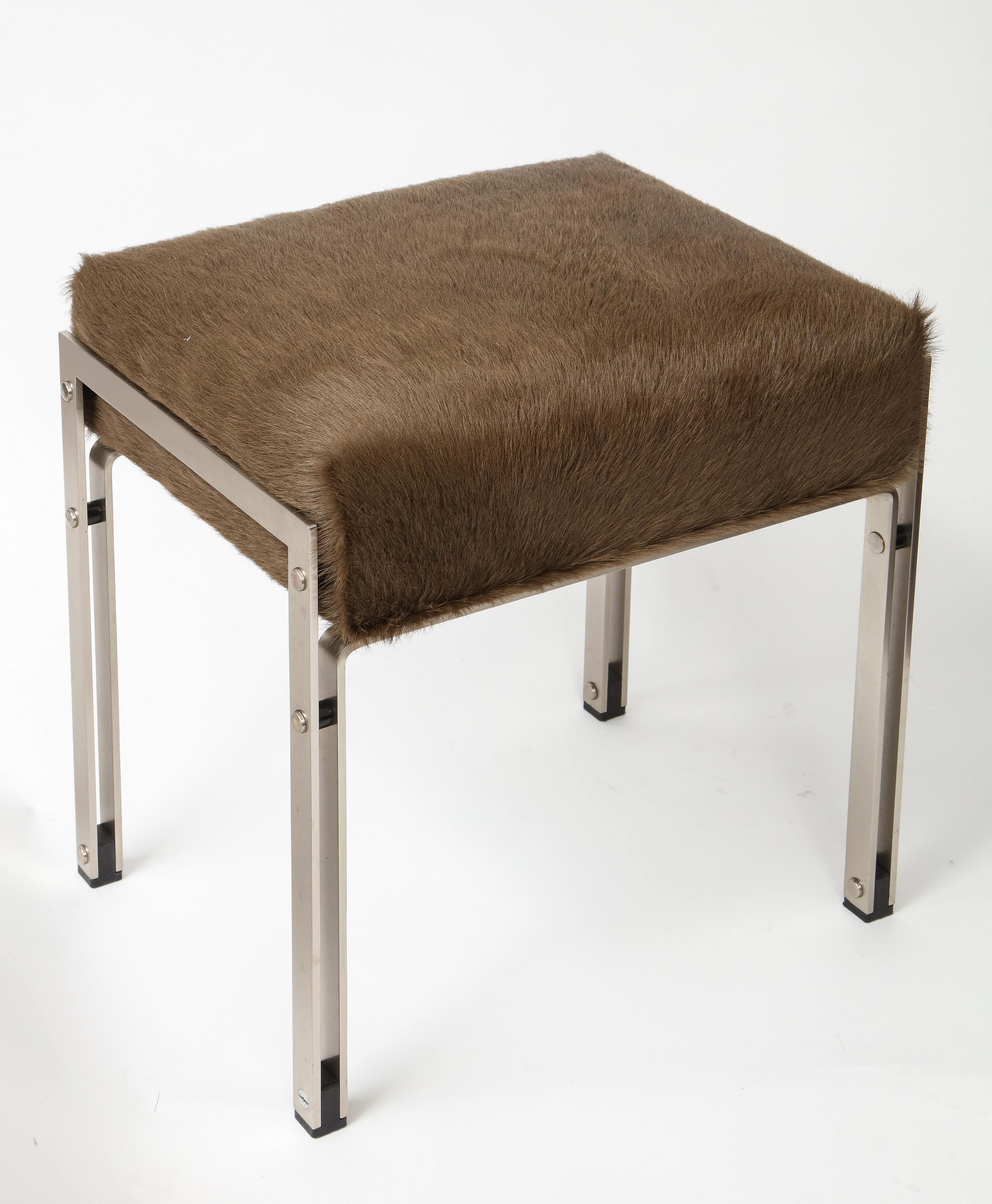 Mid-Century Brown Hair on Hide Upholstered Chrome Stool, 20th Century 8