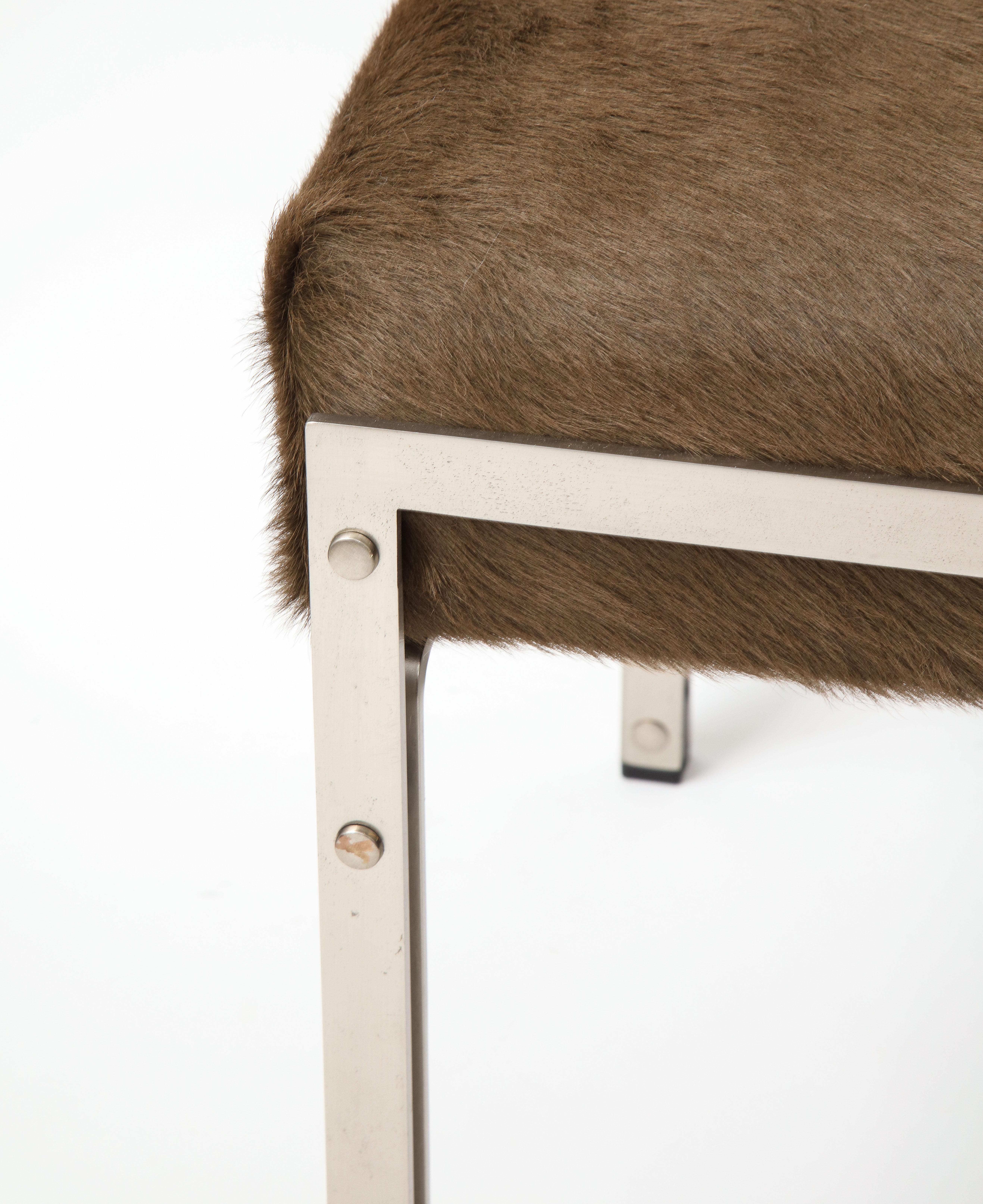 Mid-Century Brown Hair on Hide Upholstered Chrome Stool, 20th Century 1