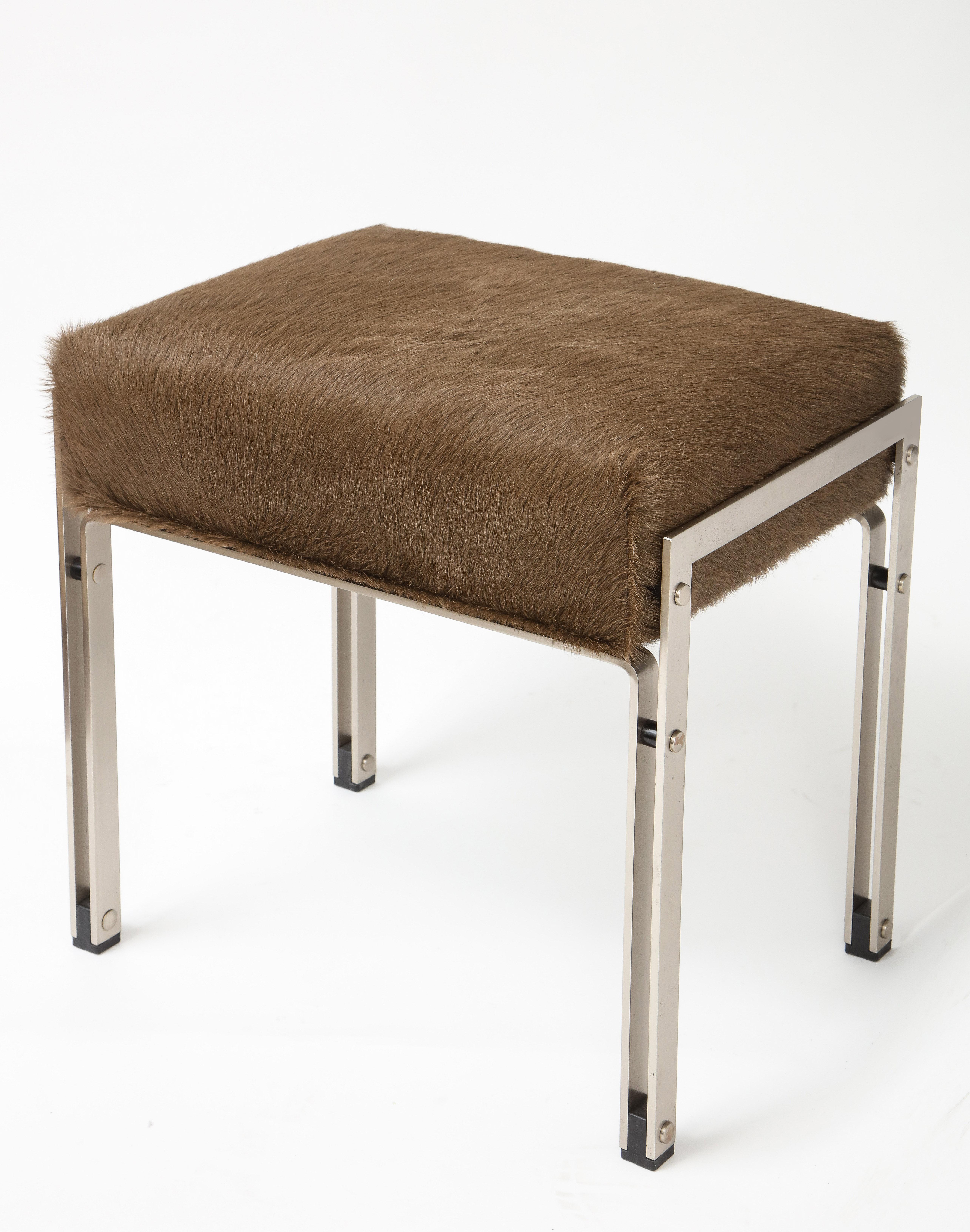 Mid-Century Brown Hair on Hide Upholstered Chrome Stool, 20th Century 2