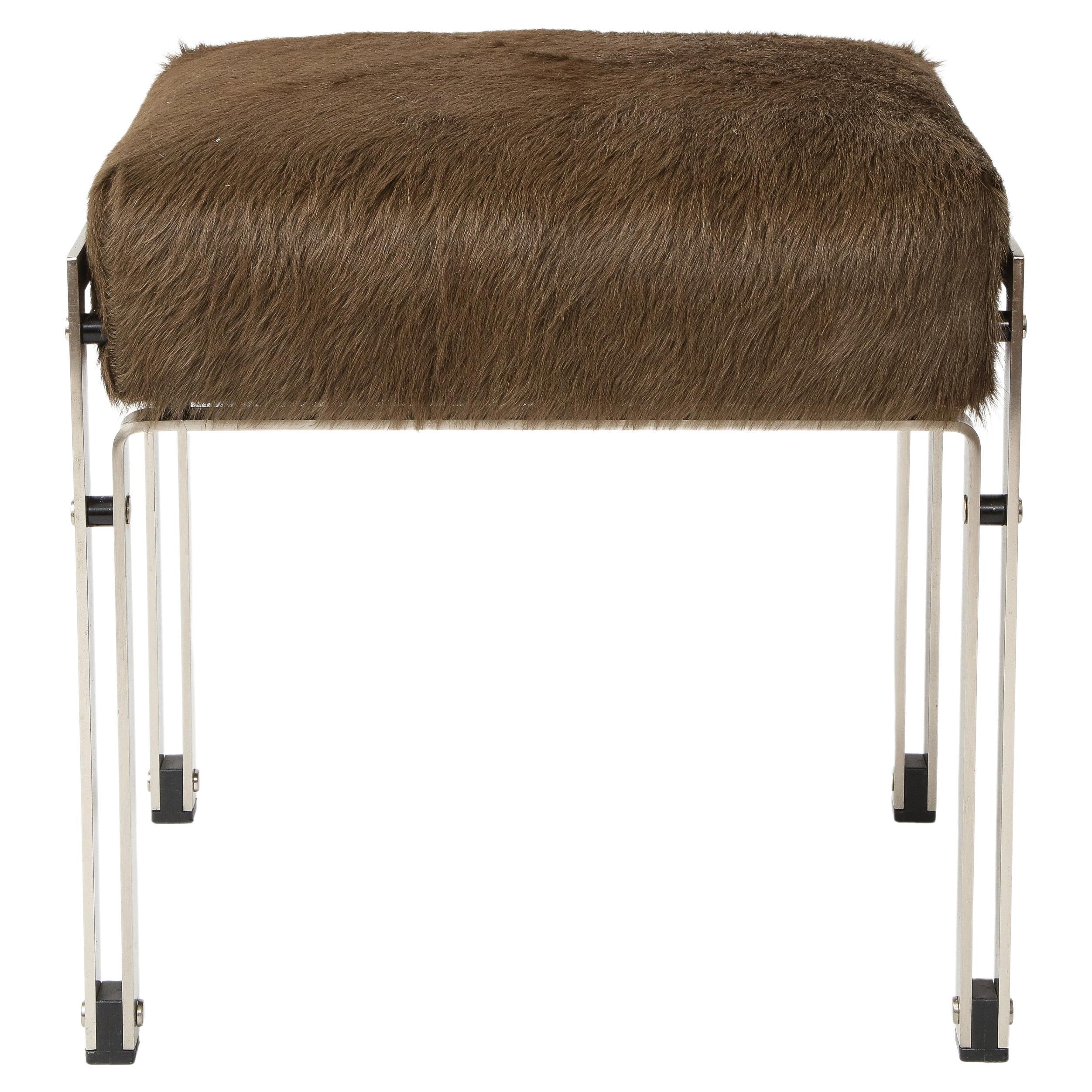 Mid-Century Brown Hair on Hide Upholstered Chrome Stool, 20th Century