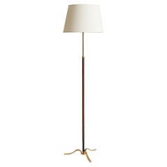 Mid-Century Brown Leather and Brass Floor Lamp